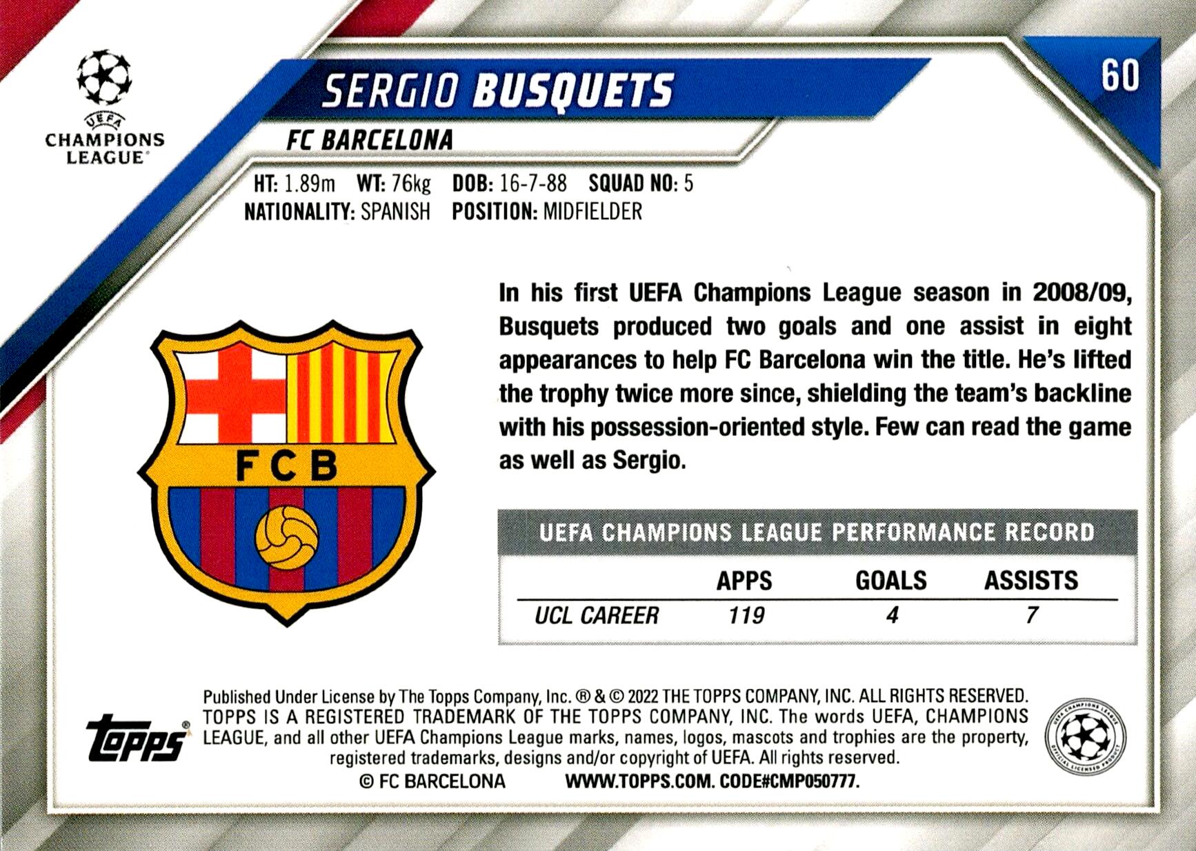 TOPPS UEFA CHAMPIONS LEAGUE 2021/2022 SERGIO BUSQUETS SPARKLE Nº60