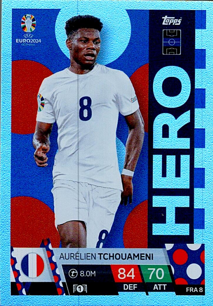 TOPPS MATCH ATTAX UEFA EURO 2024 AURELIEN TCHOUAMENI FRANCIA NºFRA8 HERO