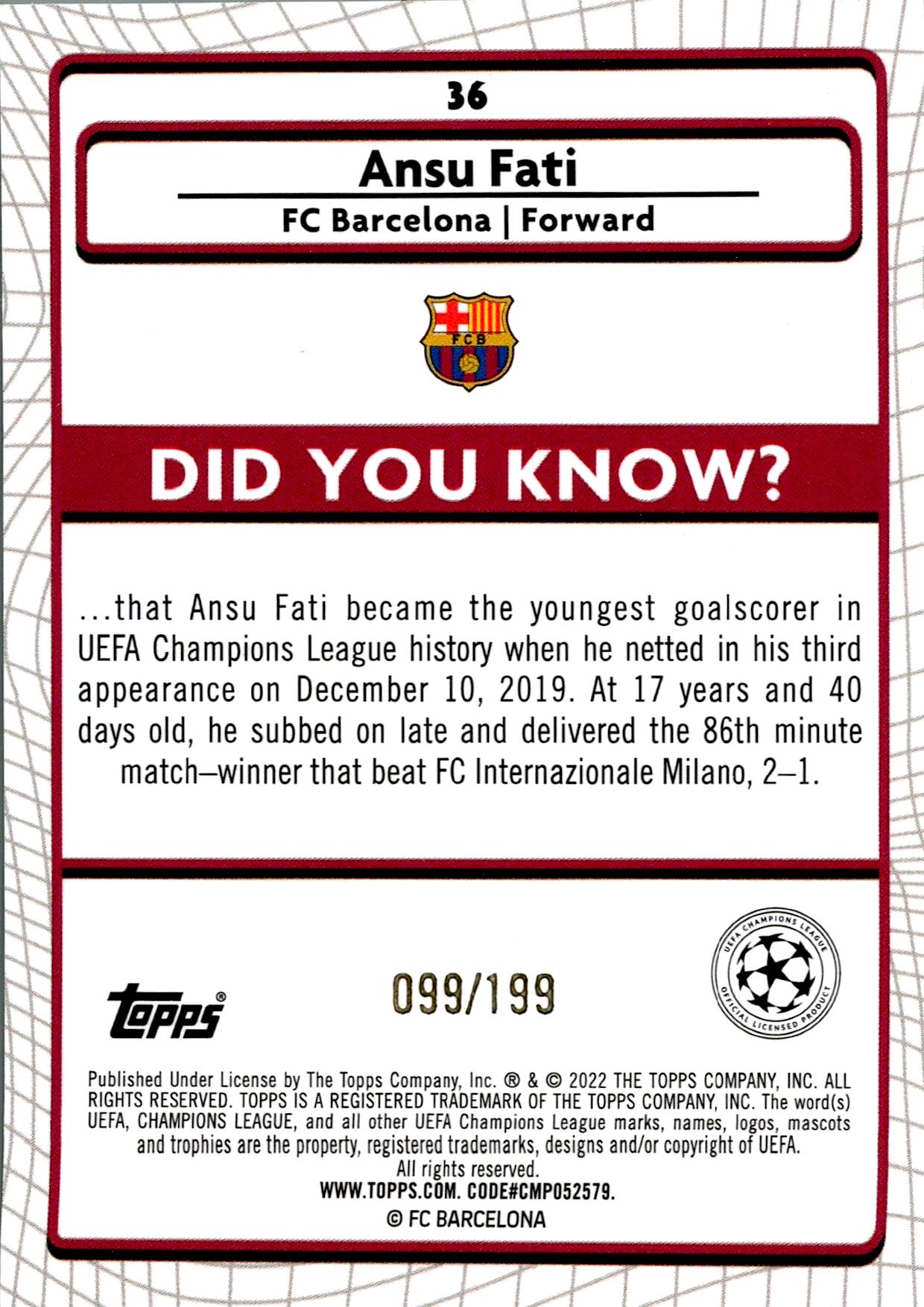 TOPPS MERLIN UCL 2021/2022 ANSU FATI AQUA PARALLEL Nº36 NUMERADO /199