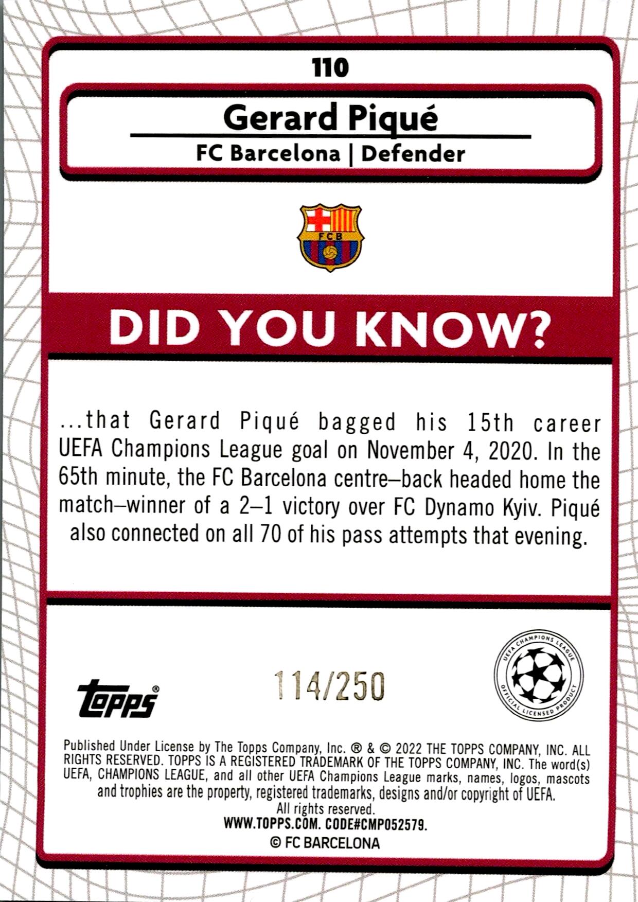 TOPPS MERLIN UCL 2021/2022 GERARD PIQUÉ PRISM Nº110 NUMERADA /250