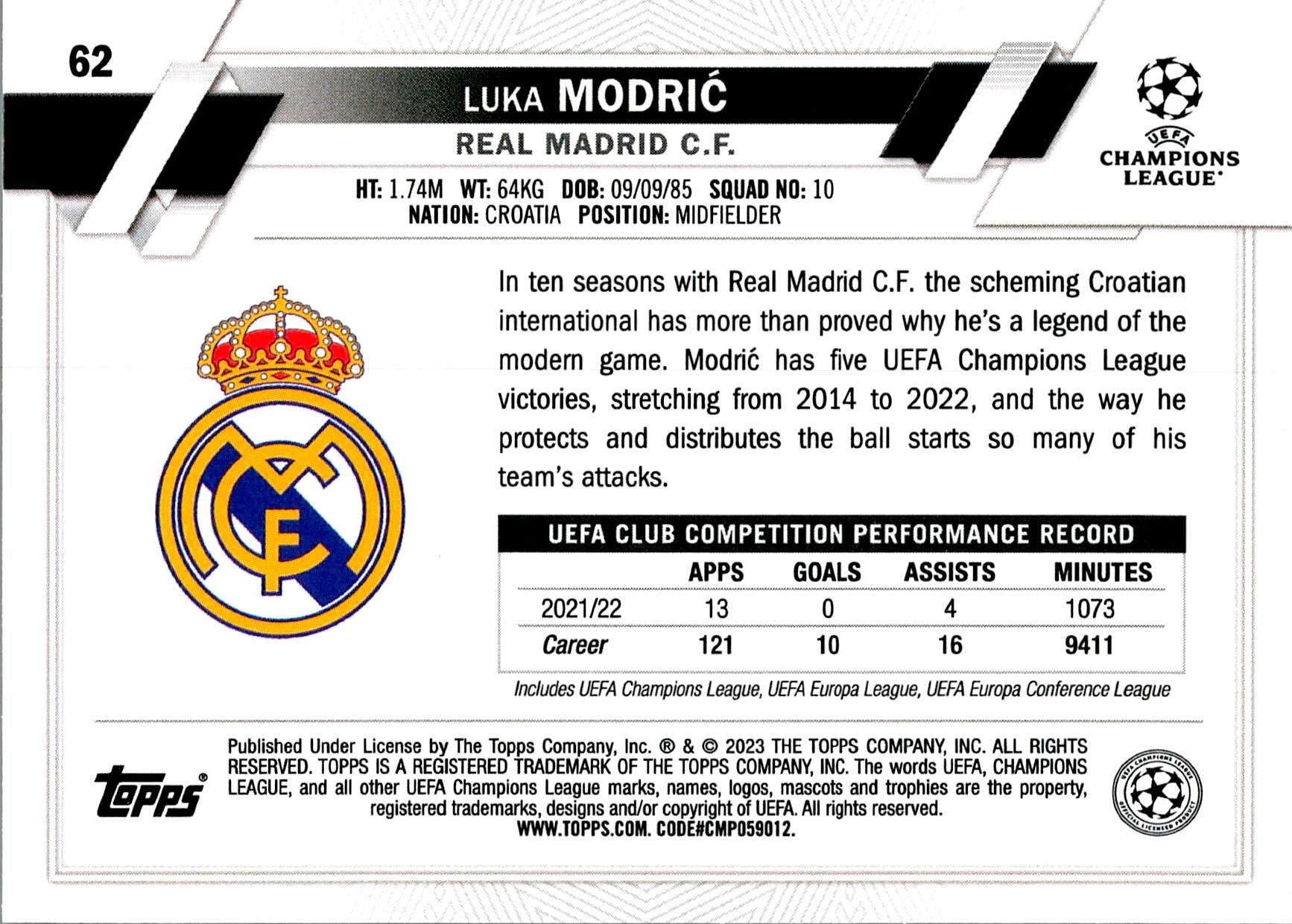 TOPPS UEFA CHAMPIONS LEAGUE 2022/2023 LUKA MODRIC Nº62 1ST EDITION