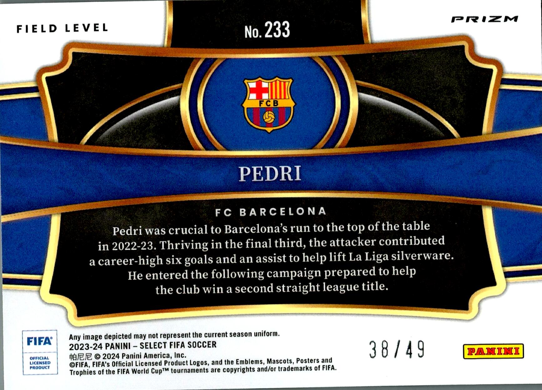 PANINI SELECT FIFA 2023/2024 PEDRI Nº233 NUMERADA /49