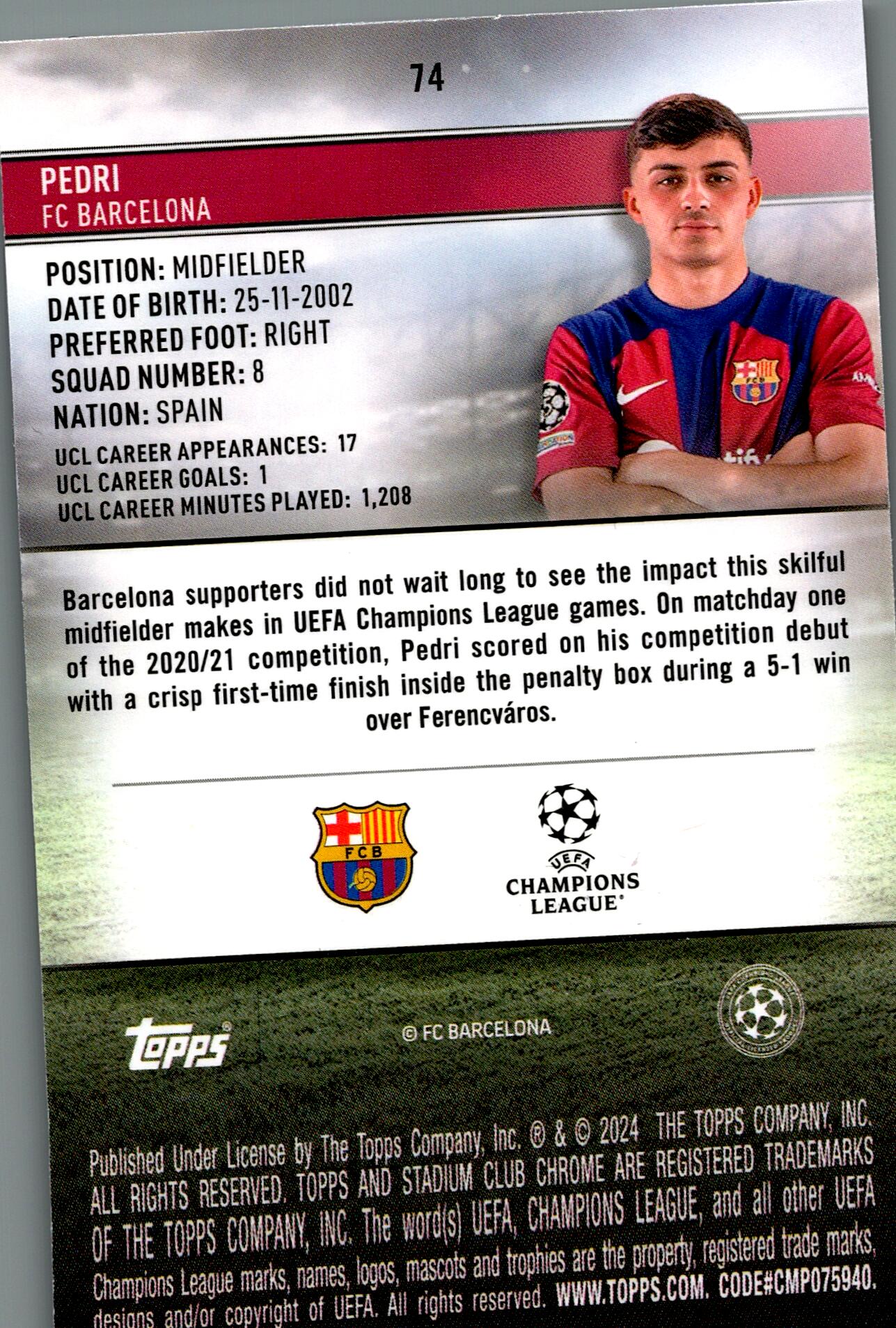 TOPPS STADIUM CHROME UCL 2023/2024 PEDRI PINK PARALLEL Nº74