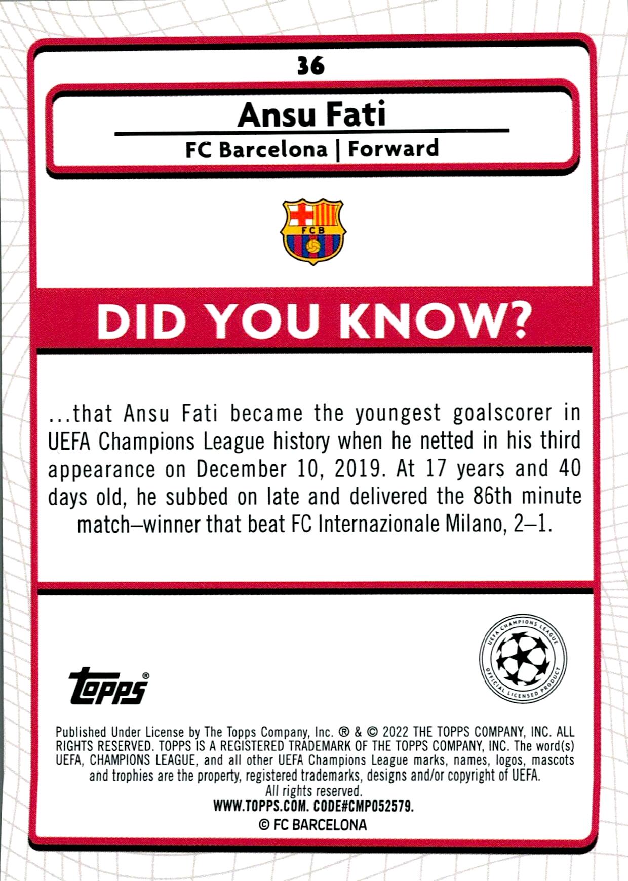 TOPPS MERLIN UCL 2021/2022 ANSU FATI AQUA PARALLEL Nº36