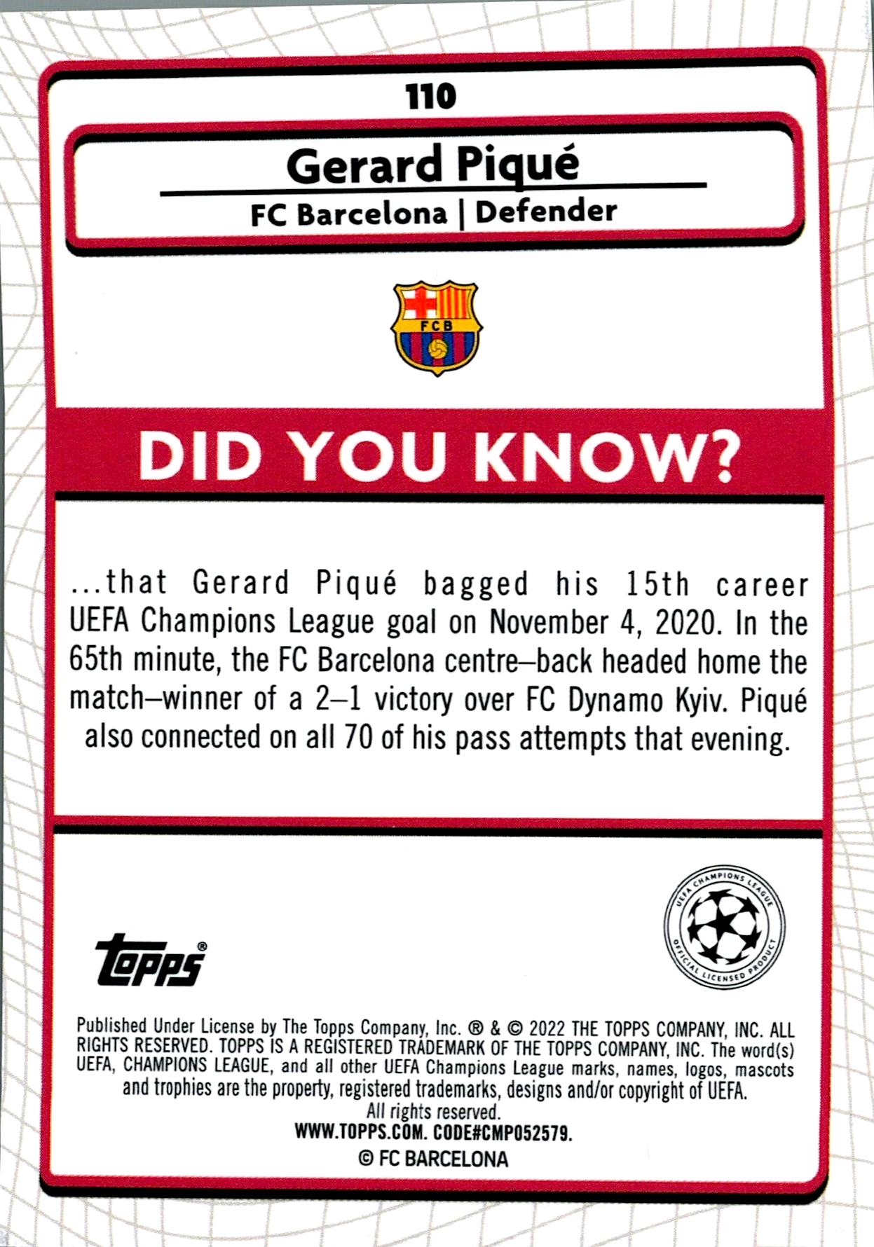 TOPPS MERLIN UCL 2021/2022 GERARD PIQUÉ BLUE PARALLEL Nº110