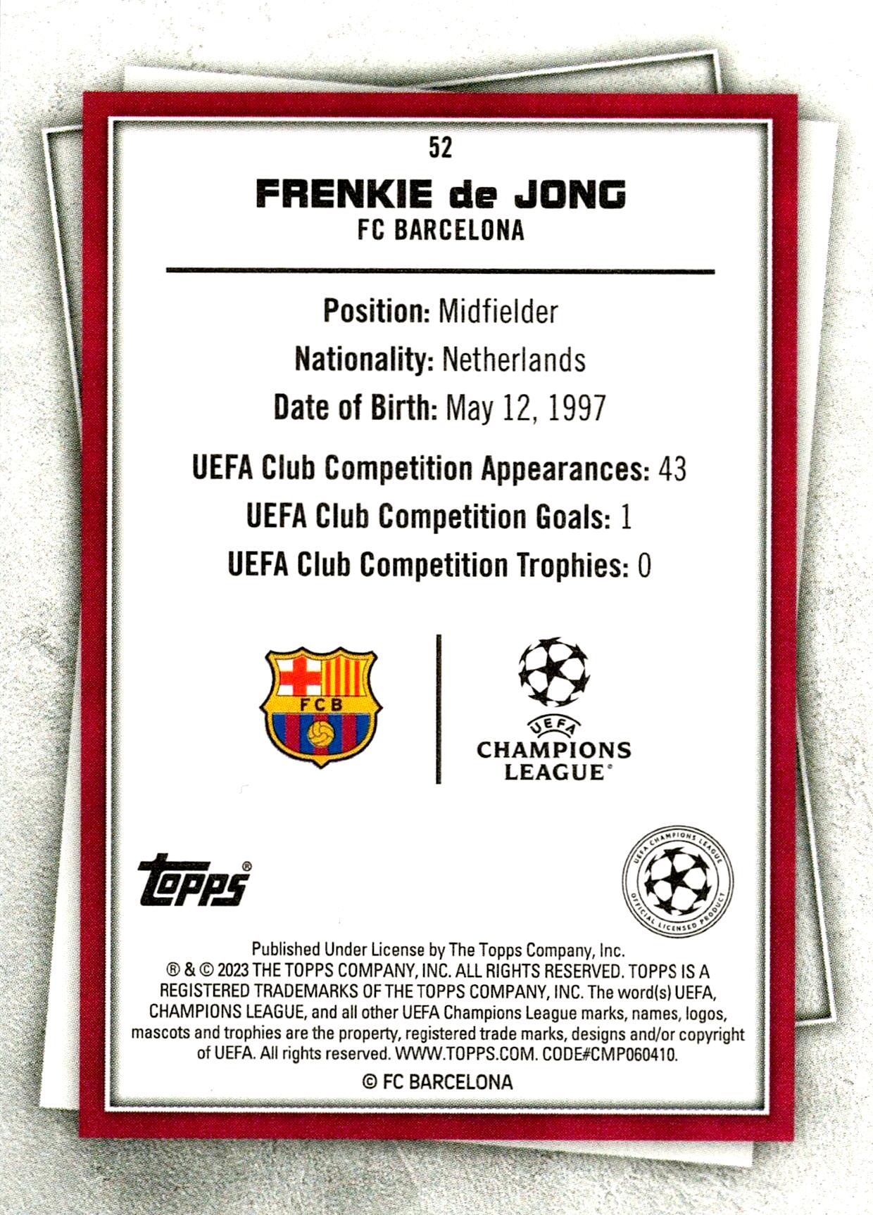 TOPPS SUPER STARS UCL 2022/2023 FRENKIE DE JONG BLUE PARALLEL Nº52
