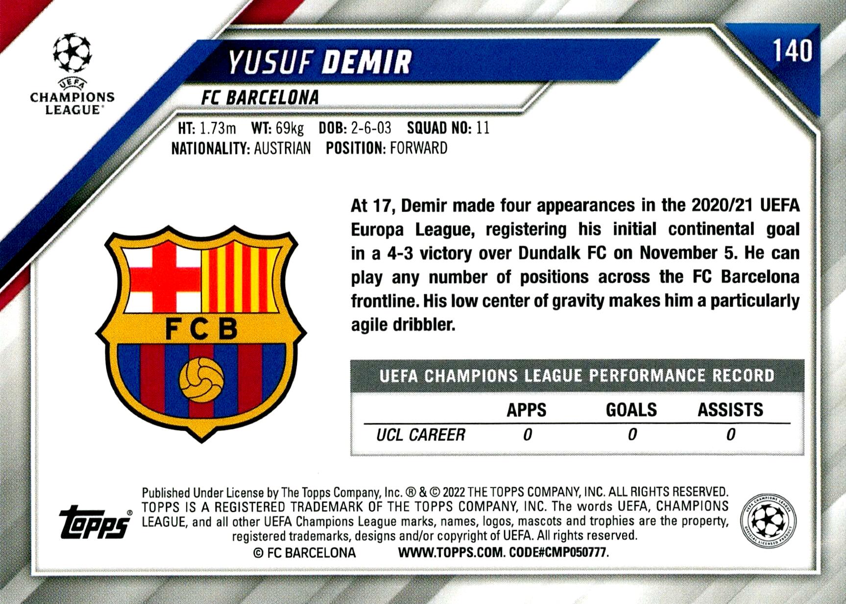 TOPPS UEFA CHAMPIONS LEAGUE 2021/2022 YUSUF DEMIR Nº140 ROOKIE