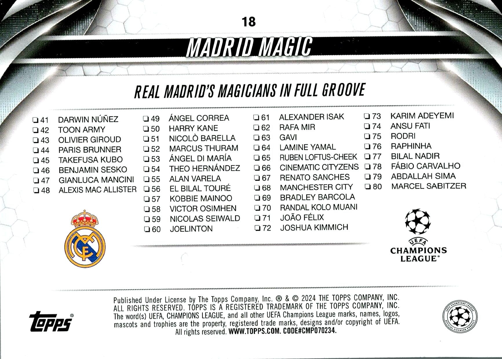 TOPPS UEFA CHAMPIONS LEAGUE 2023/2024 MADRID MAGIC PINK PARALLEL Nº18