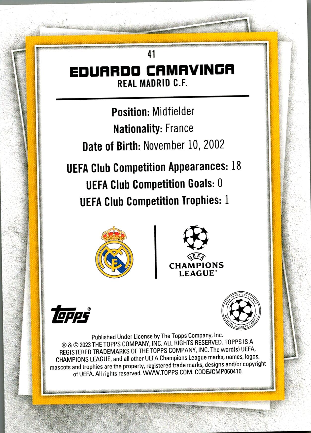 TOPPS SUPERSTAR UCL 2023 CAMAVINGA Nº41 YELLOW