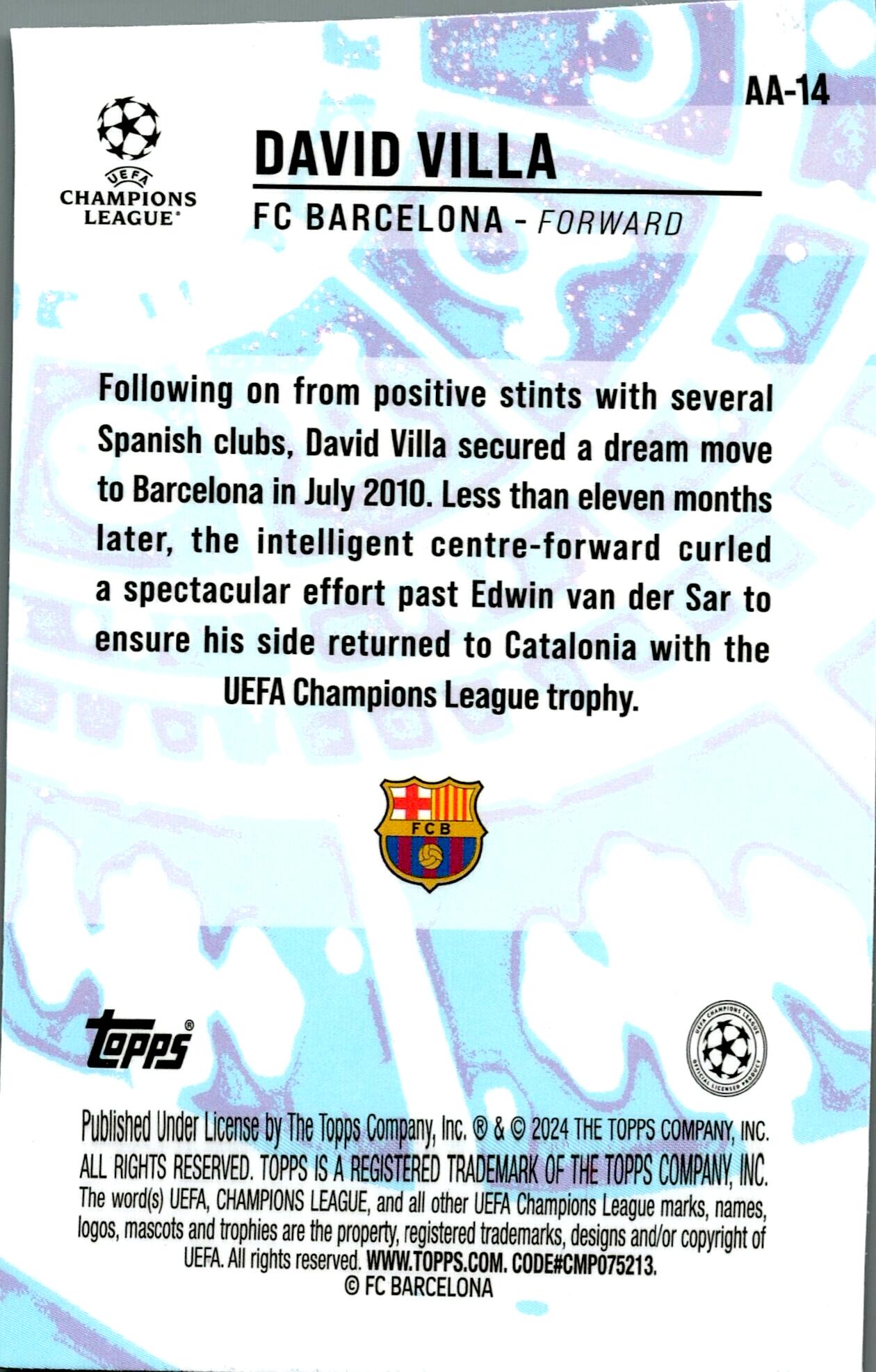 TOPPS MERLIN UCL 2023/2024 DAVID VILLA AGÉLESS ALCHEMY NºAA-14