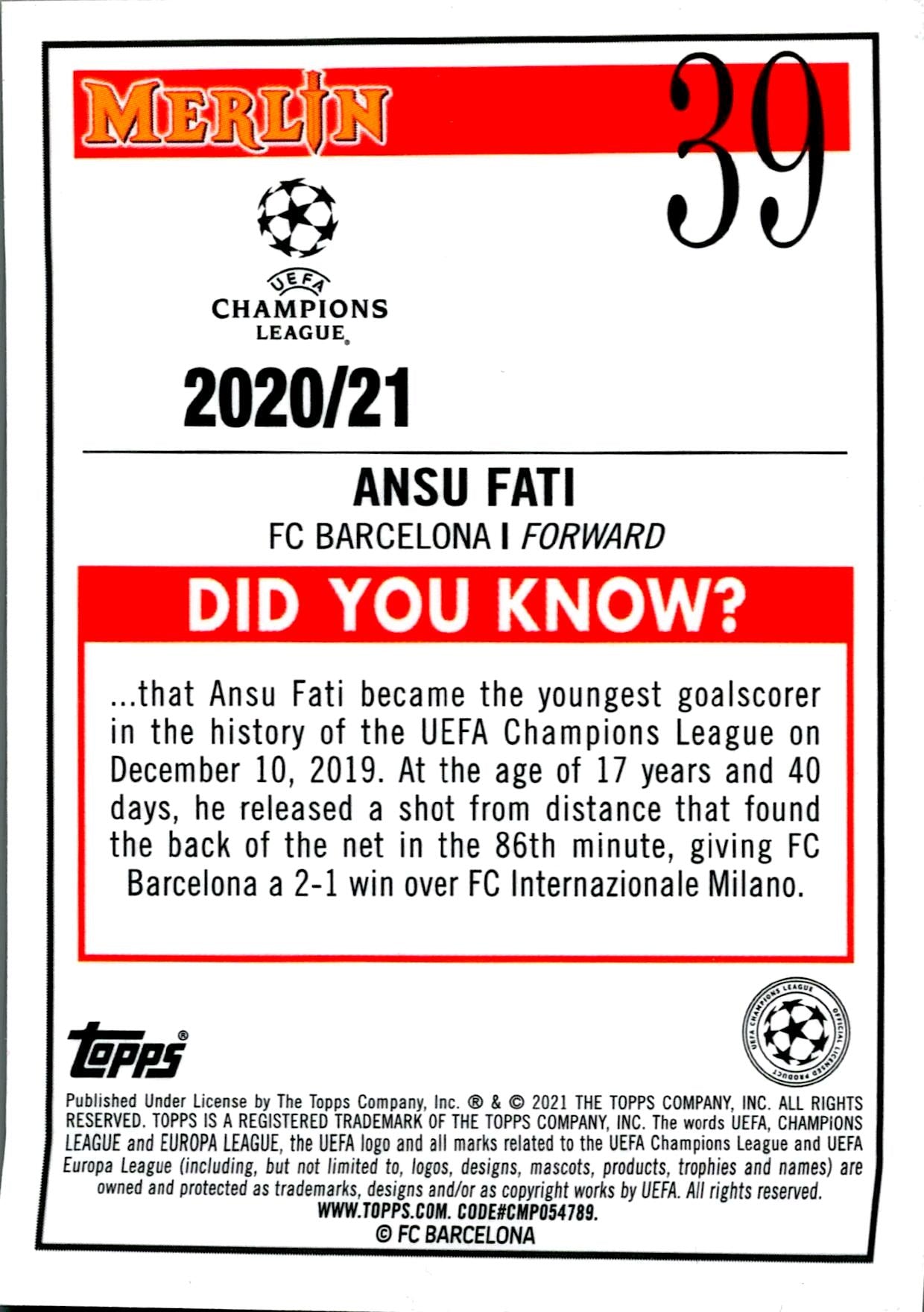 TOPPS MERLIN UCL 2020/2021 ANSU FATI AQUA PRISM PARALLEL Nº39