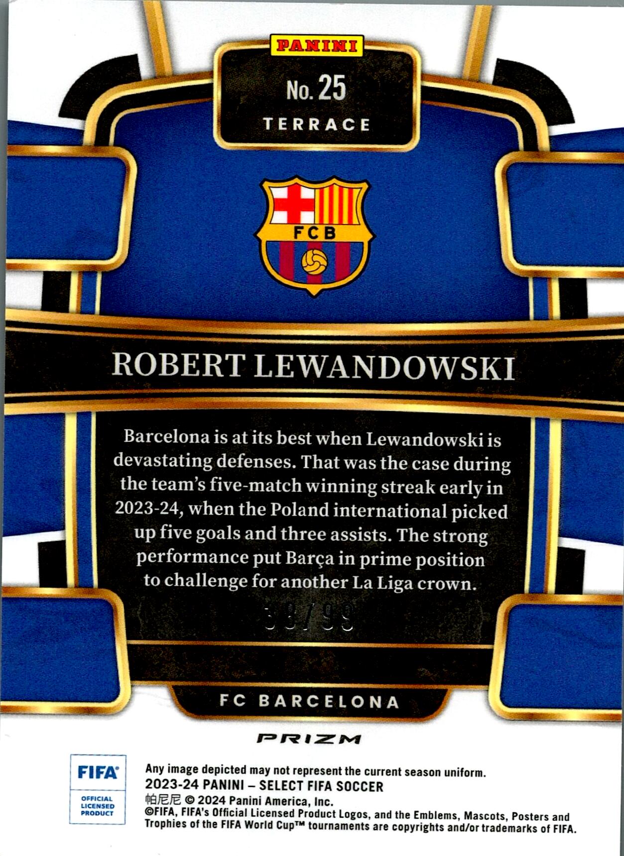 PANINI SELECT FIFA 2023/2024 LEWANDOWSKI Nº25 NUMERADA /99