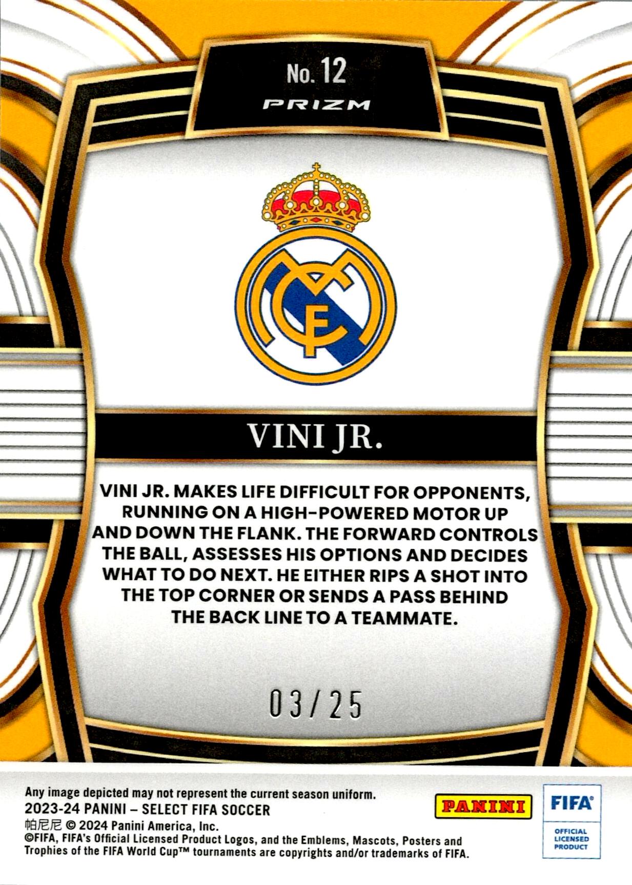 PANINI SELECT FIFA 2023/2024 VINICIUS JR Nº12 NUMERADA /25