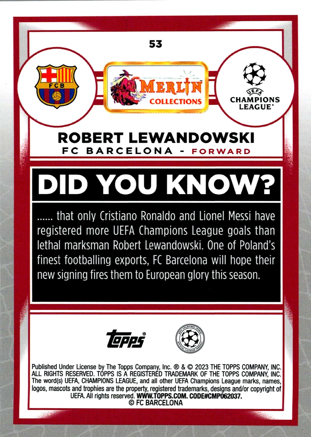 TOPPS MERLIN UCL 2022/2023 LEWANDOWSKI REFRACTOR Nº53