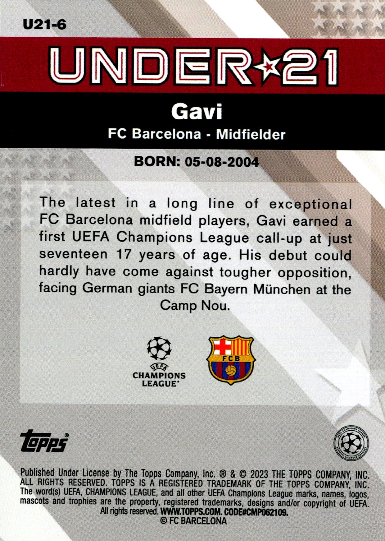 TOPPS MERLÍN UCL 2022/2023 GAVI UNDER 21 NºU21-6