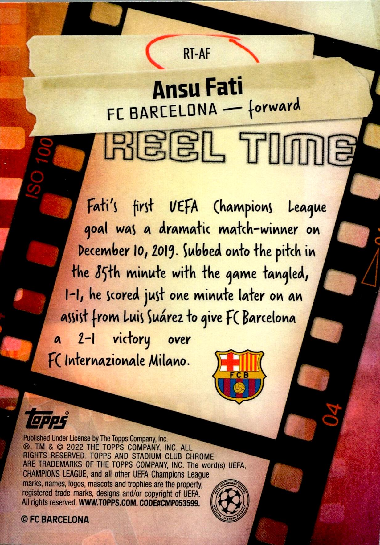 TOPPS STADIUM CHROME UCL 2021/2022 ANSU FATI REEL TIME NºRT-AF