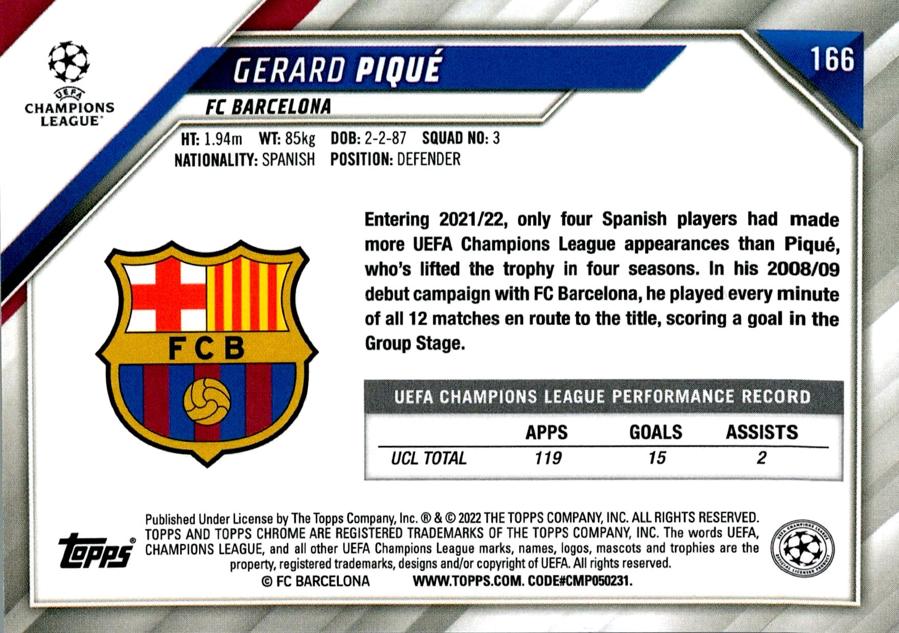 TOPPS CHROME UCL 2021/2022 GERARD PIQUÉ BLACK AND WHITE Nº166