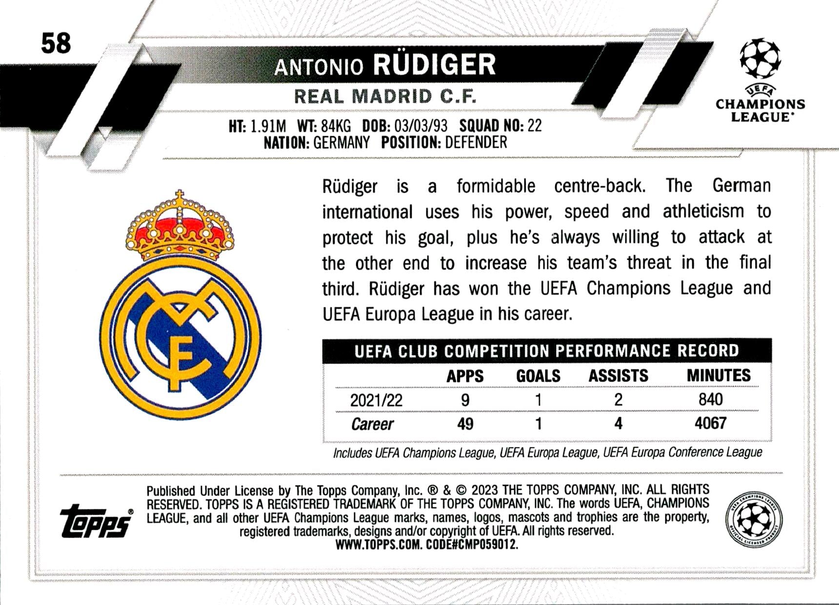 TOPPS UCL 2022/2023 ANTONIO RÜDIGER Nº58 1ST EDITION