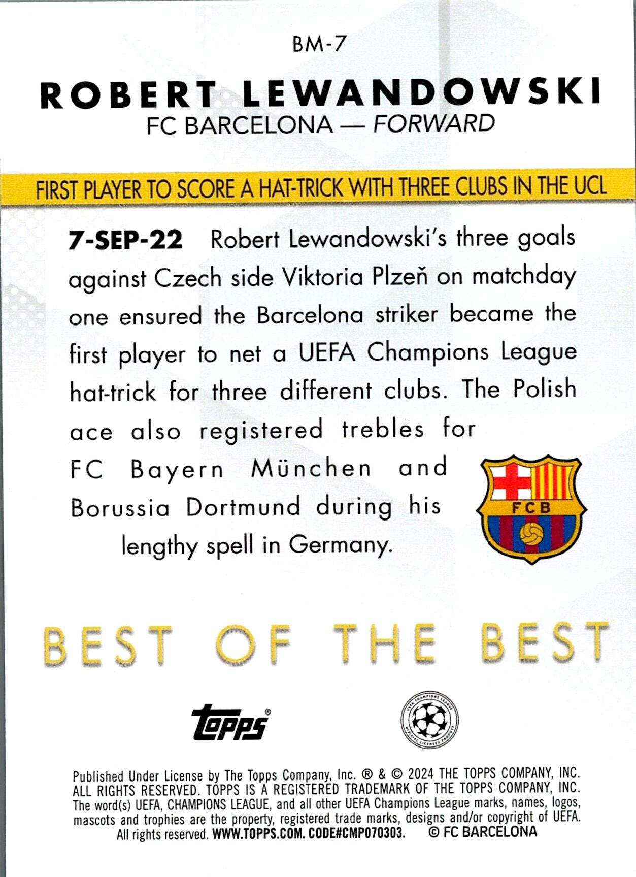 TOPPS UEFA 2023/2024 BEST OF THE BEST LEWANDOWSKI NºBM-7