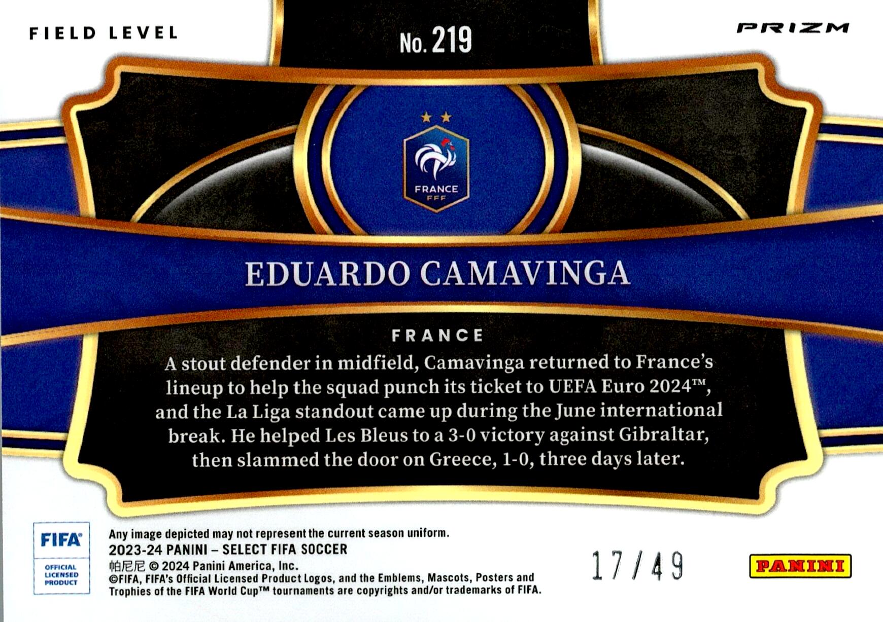 PANINI SELECT FIFA 2023/2024 CAMAVINGA Nº219 NUMERADA /49