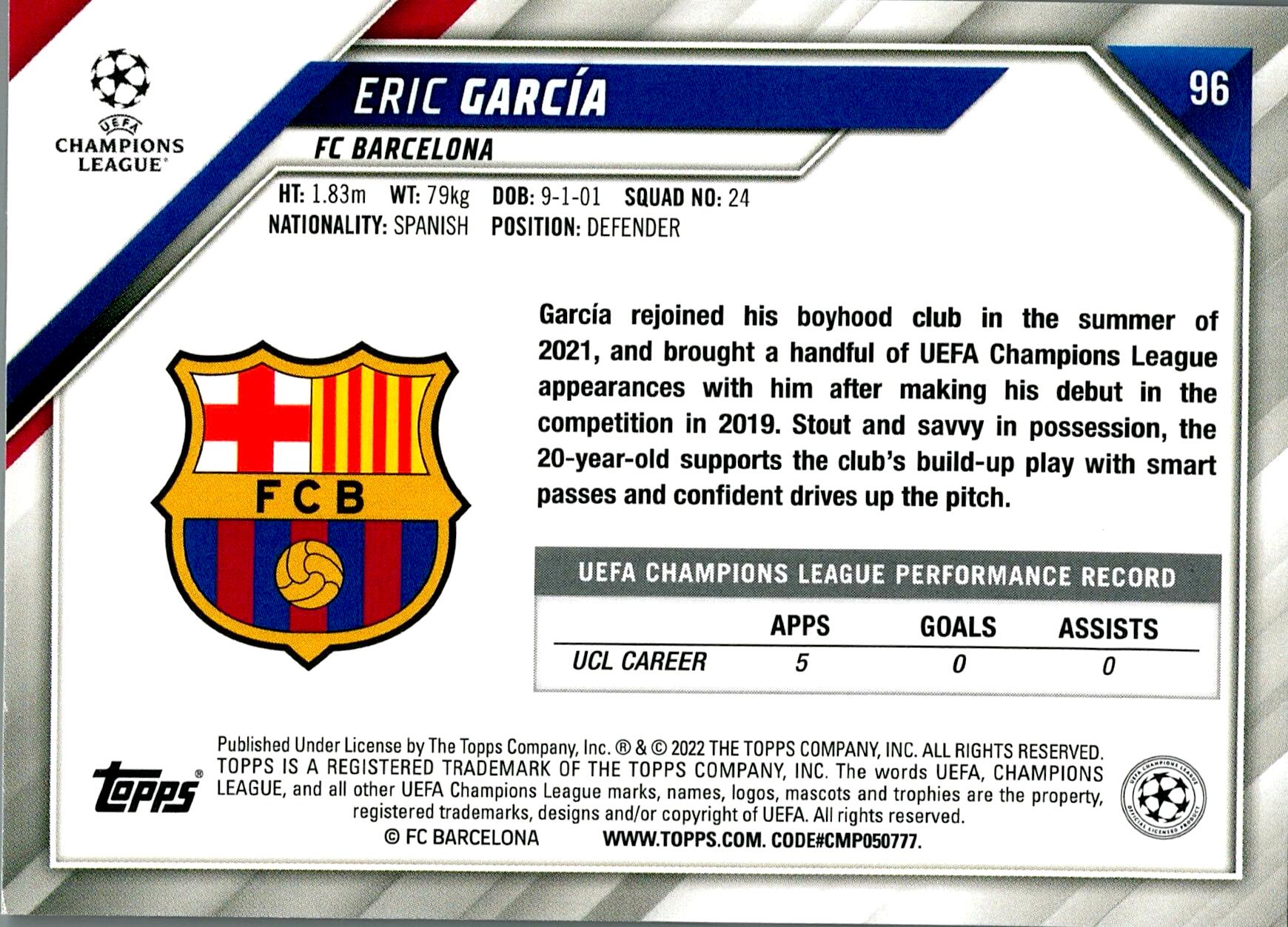 TOPPS UEFA CHAMPIONS LEAGUE 2021/2022 ERIC GARCIA ALL STARS ROOKIE Nº96