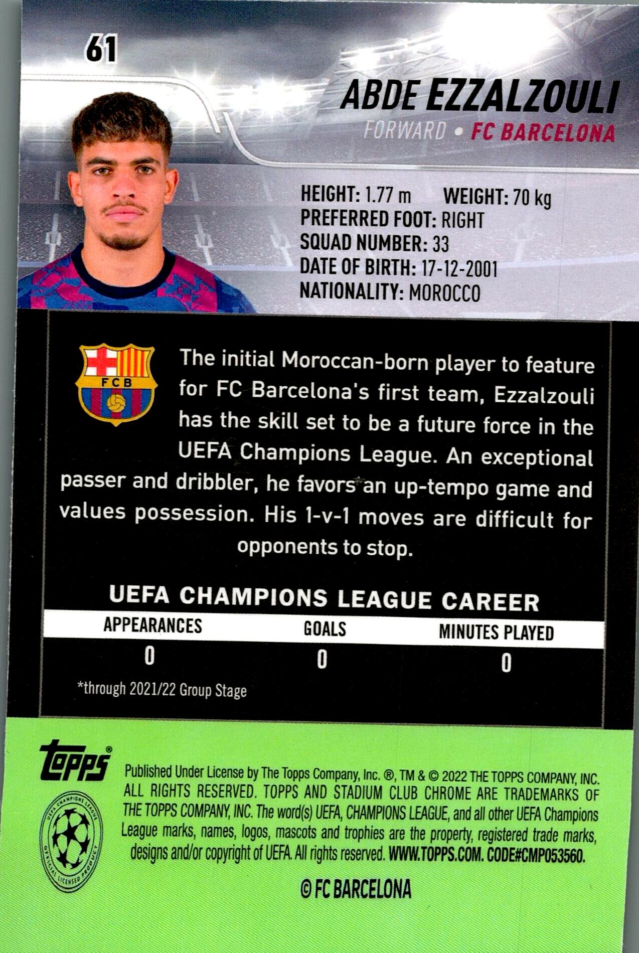 TOPPS STADIUM CHROME 2021/2022 ABDE EZZALZOULI Nº61 ROOKIE