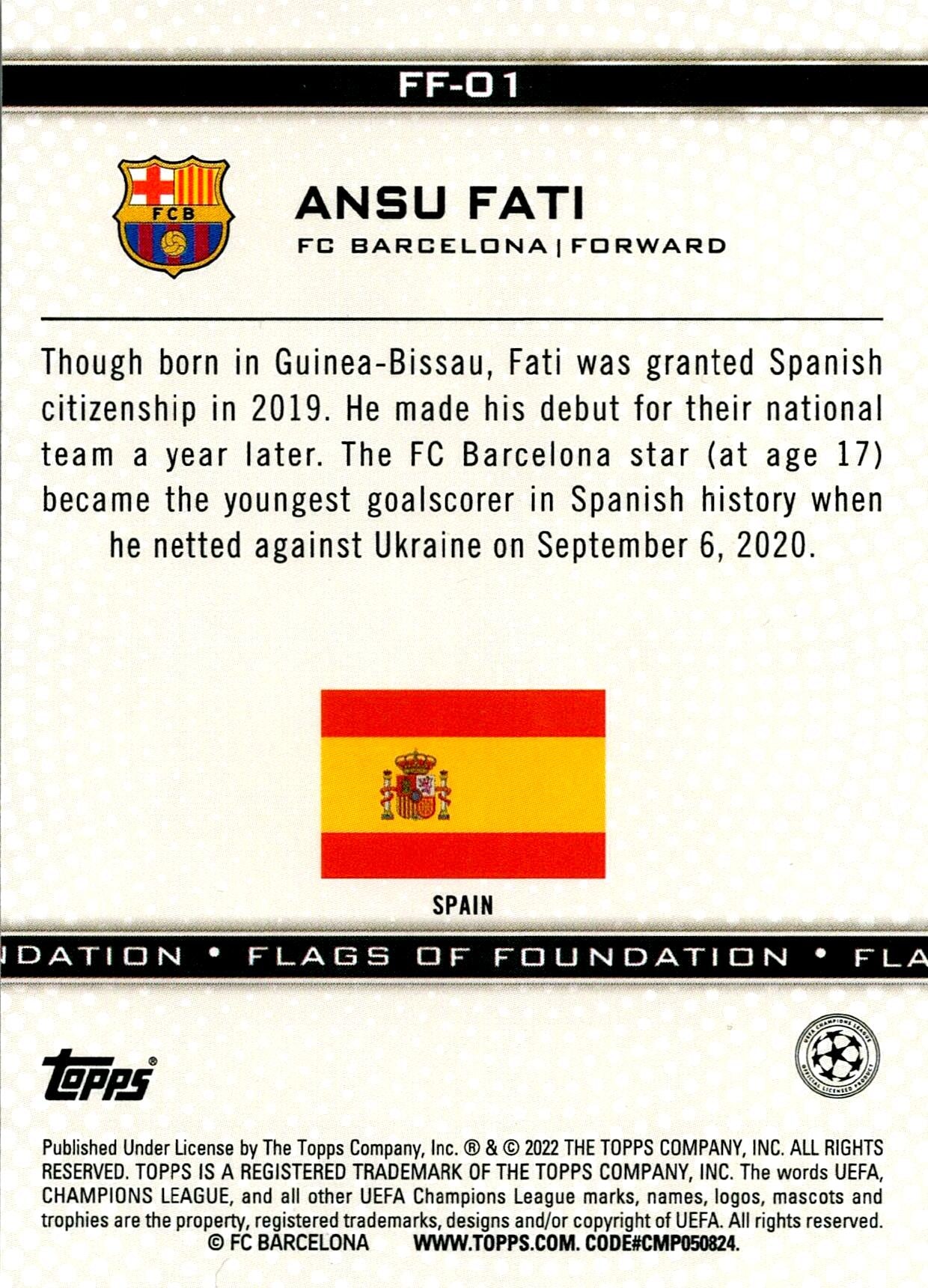 TOPPS UEFA CHAMPIONS LEAGUE 2021/2022 ANSU FATI FLAGS OF FUNDATION NºFF-01
