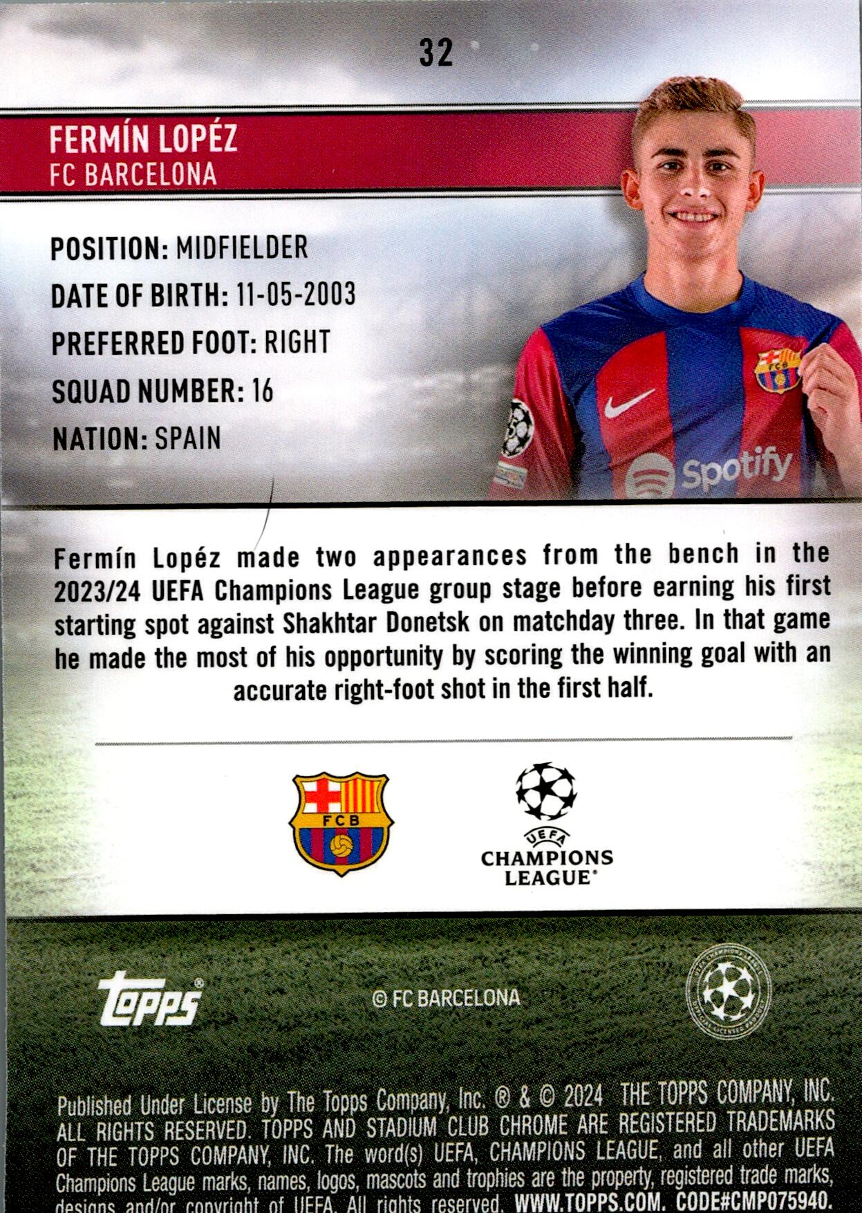 TOPPS STADIUM CHROME UCL 2023/2024 FERMÍN Nº32 ROOKIE