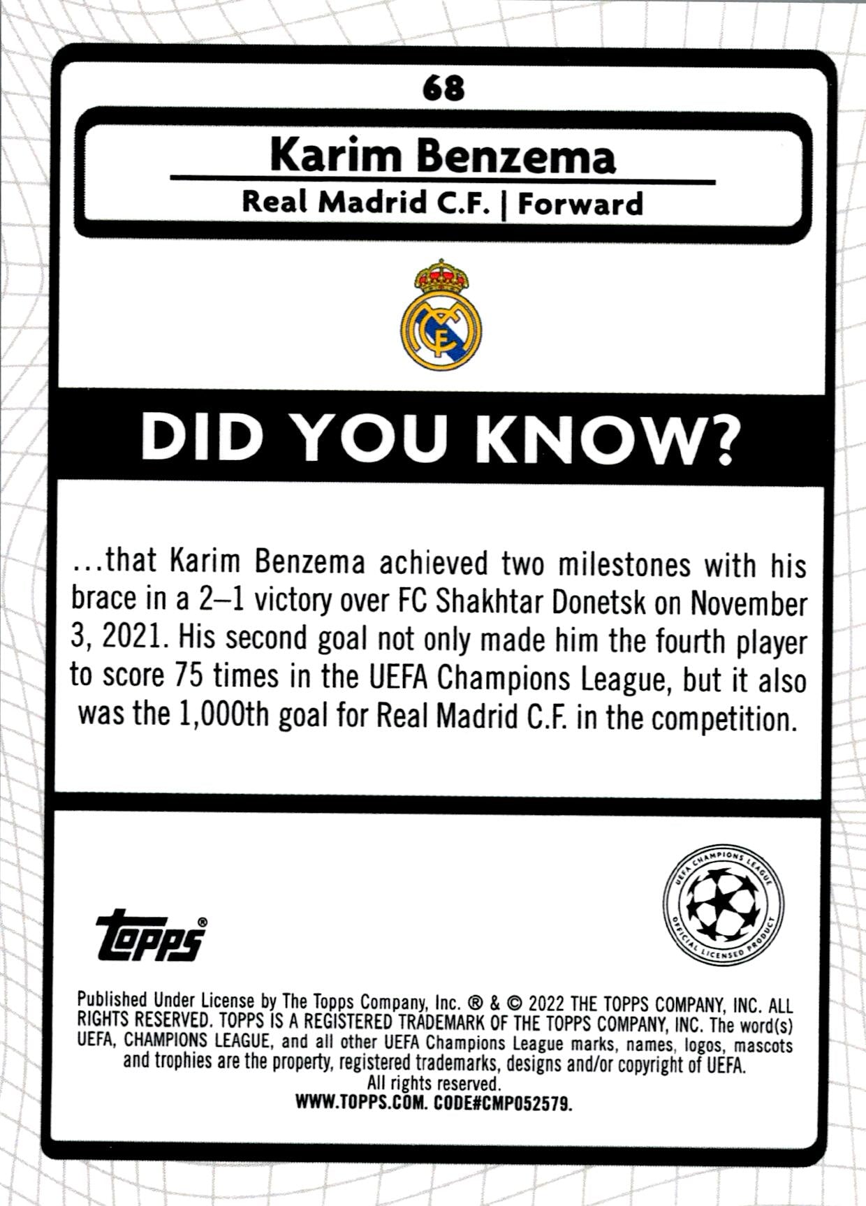 TOPPS MERLIN UCL 2021/2022 BENZEMA Nº68