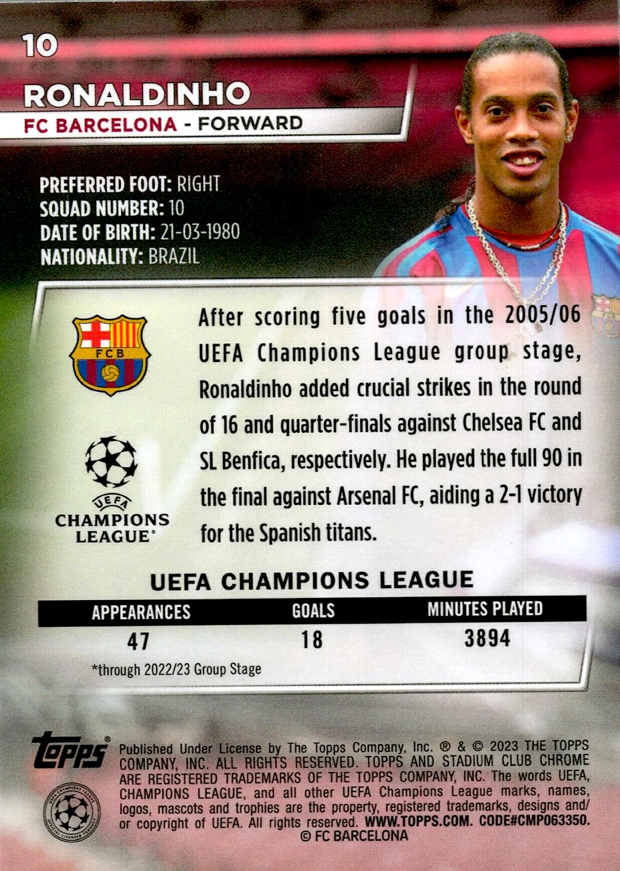 TOPPS STADIUM CHROME UCL 2022/2023 RONALDINHO Nº10