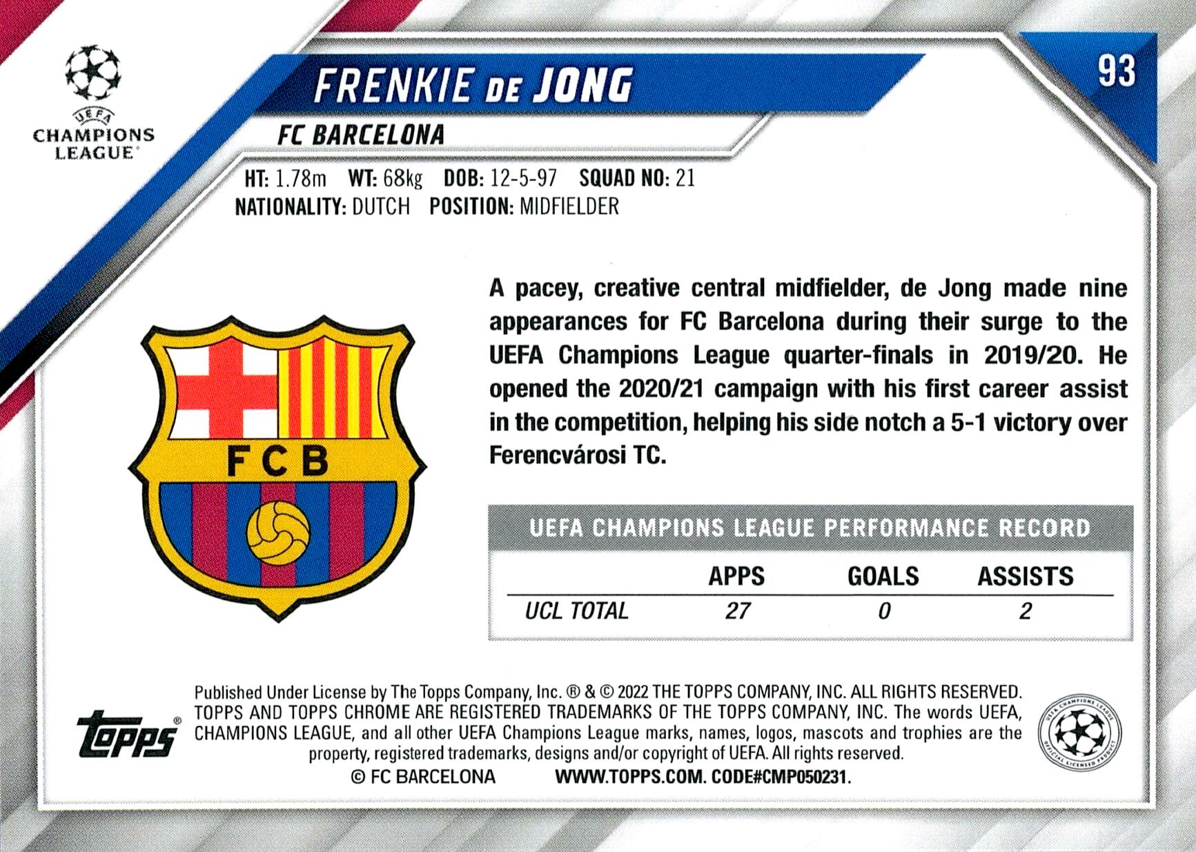 TOPPS CHROME UEFA CHAMPIONS LEAGUE 2021/2022 FRENKIE DE JONG SPERKLE Nº93