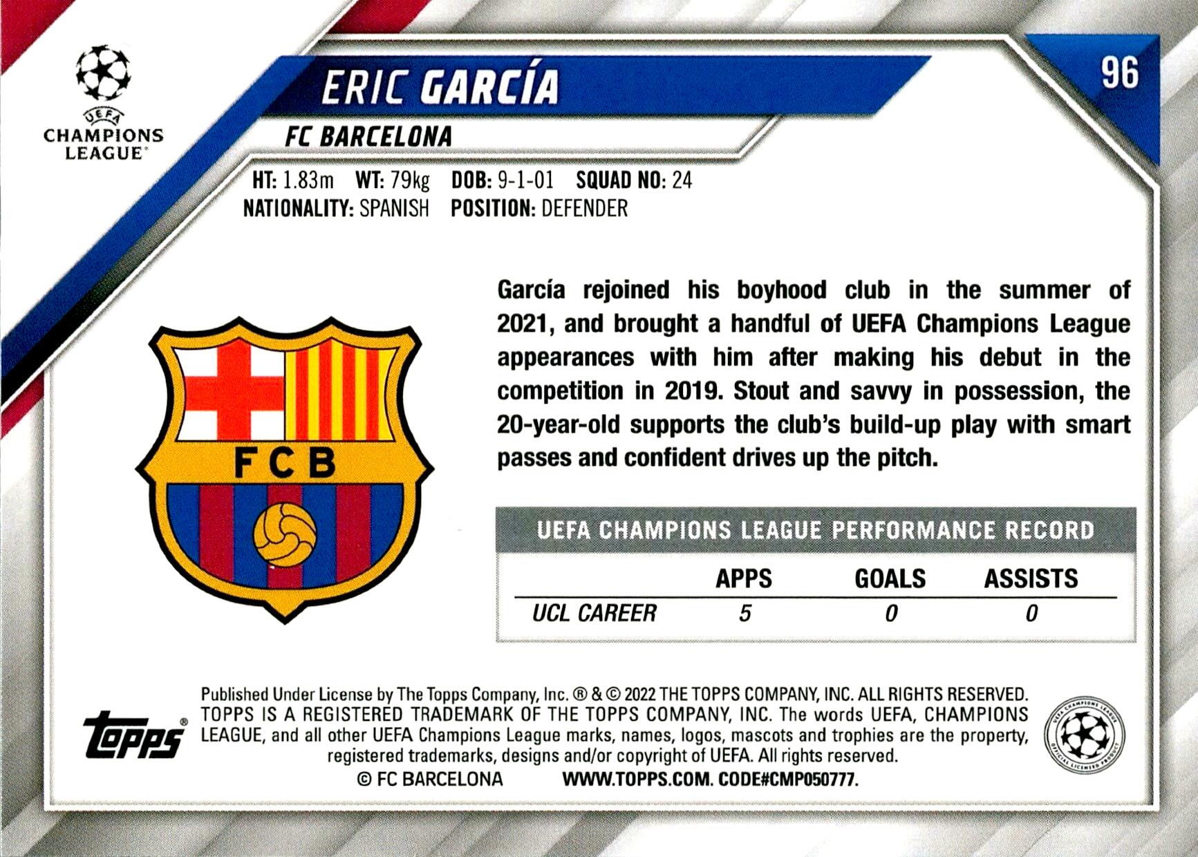 TOPPS UEFA CHAMPIONS LEAGUE 2021/2022 ERIC GARCIA ALL STARS ROOKIE Nº96 1ST
