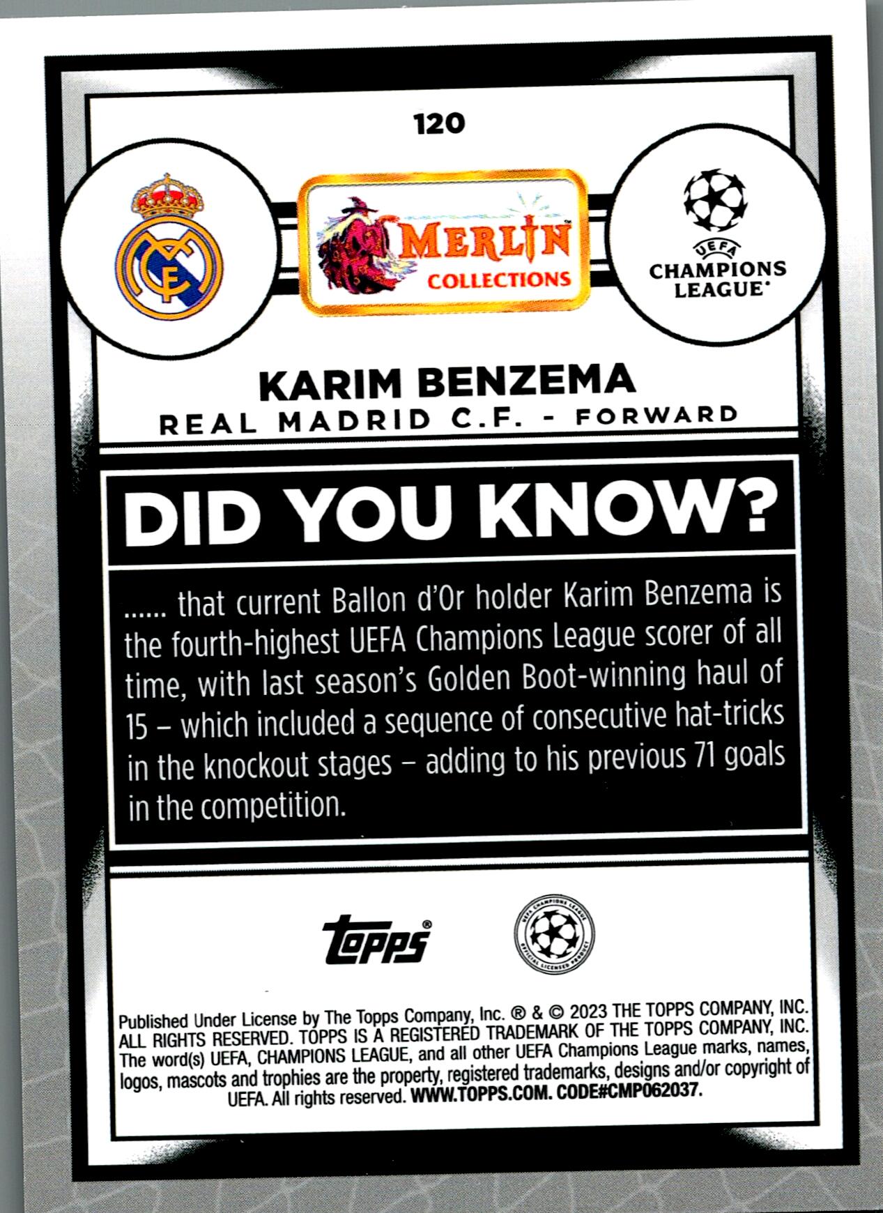 TOPPS MERLIN UCL 2022/2023 BENZEMA Nº120