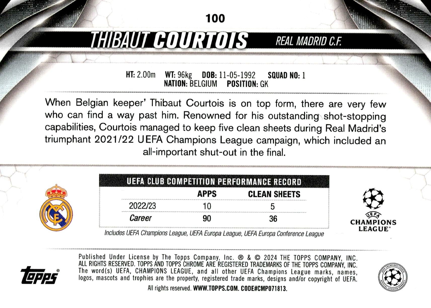 TOPPS CHROME 2023/2024 COURTOIS Nº100 NUMERADA /150