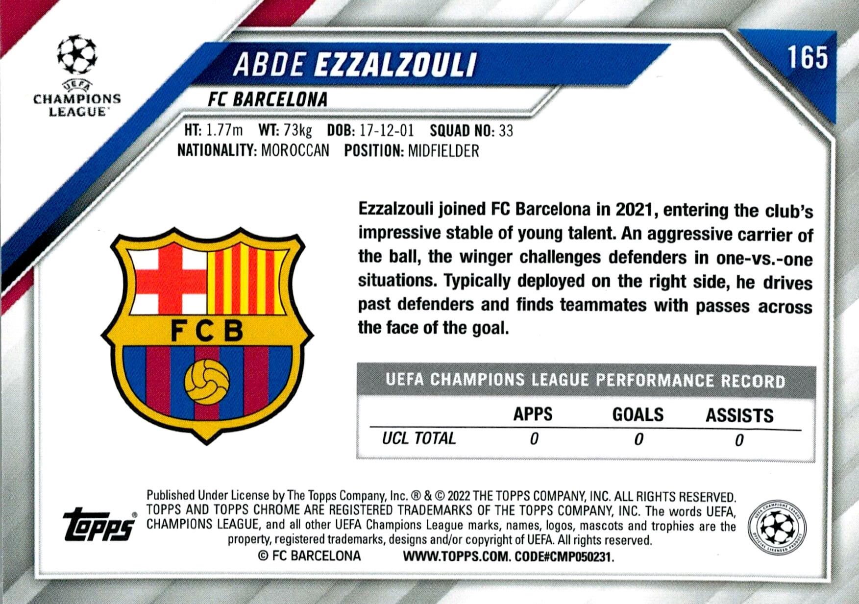 TOPPS CHROME UCL 2021/2022 ABDE EZZALZOULI Nº165 ROOKIE
