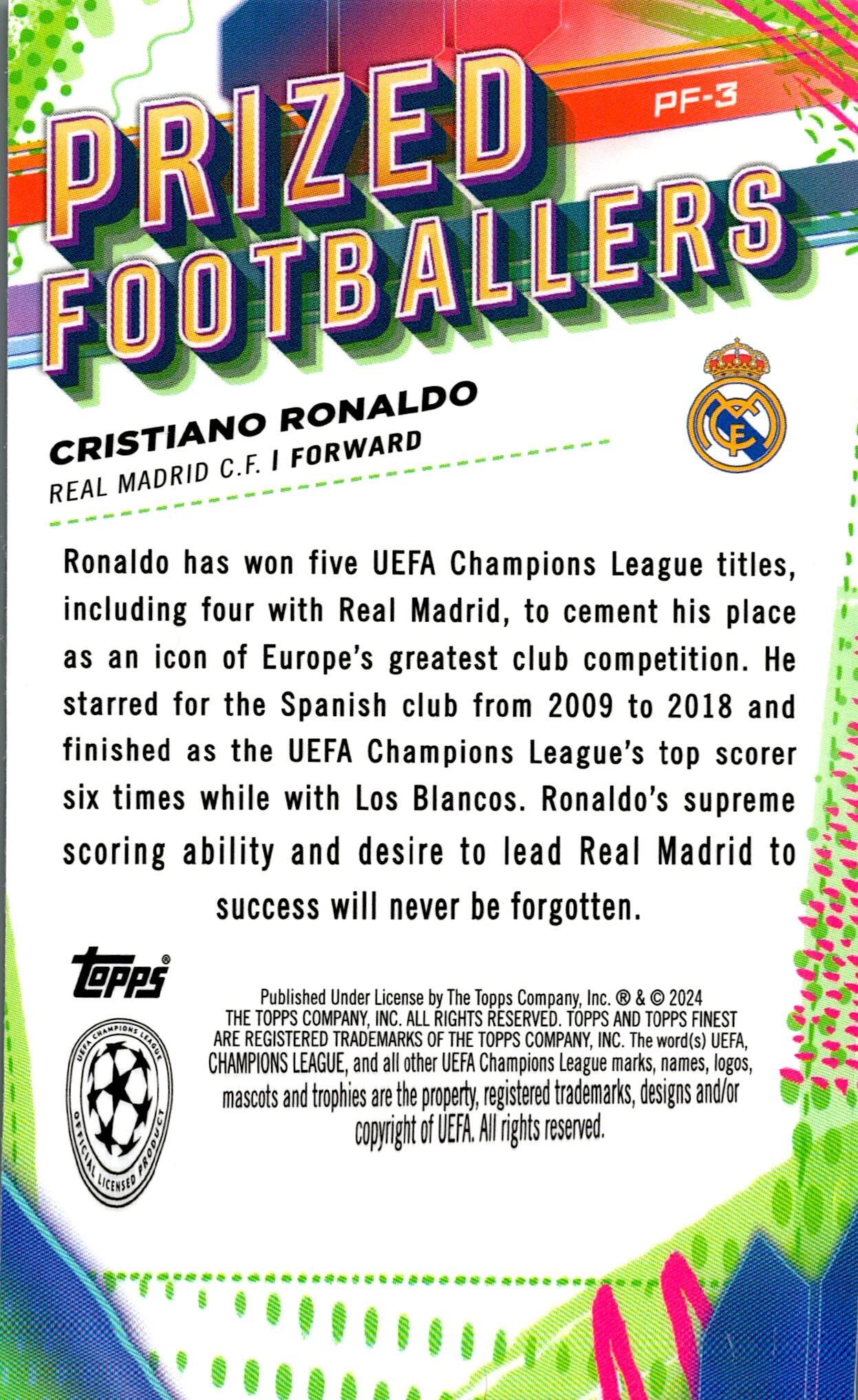 TOPPS FINEST PRIZED 2023/2024 CRISTIANO RONALDO NºPF-3