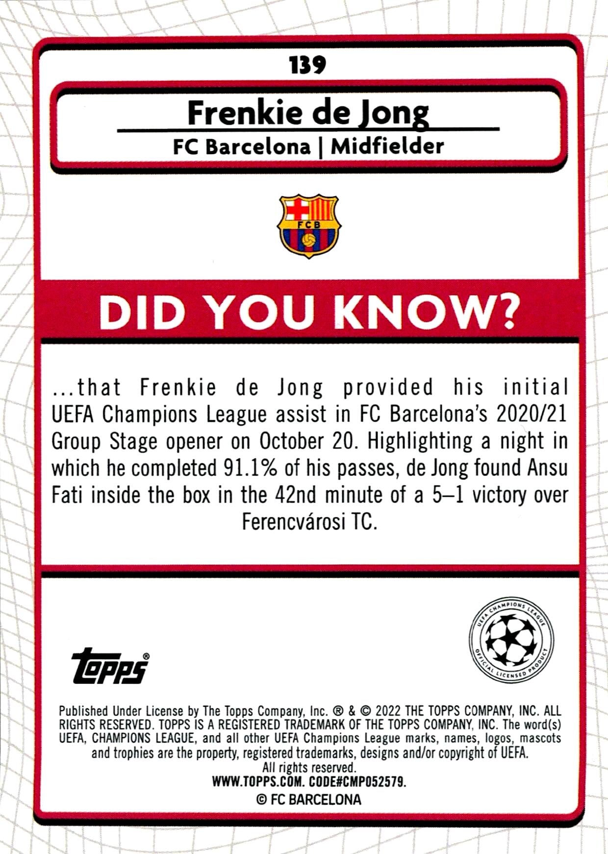 TOPPS MERLIN UCL 2021/2022 FRENKIE DE JONG Nº139