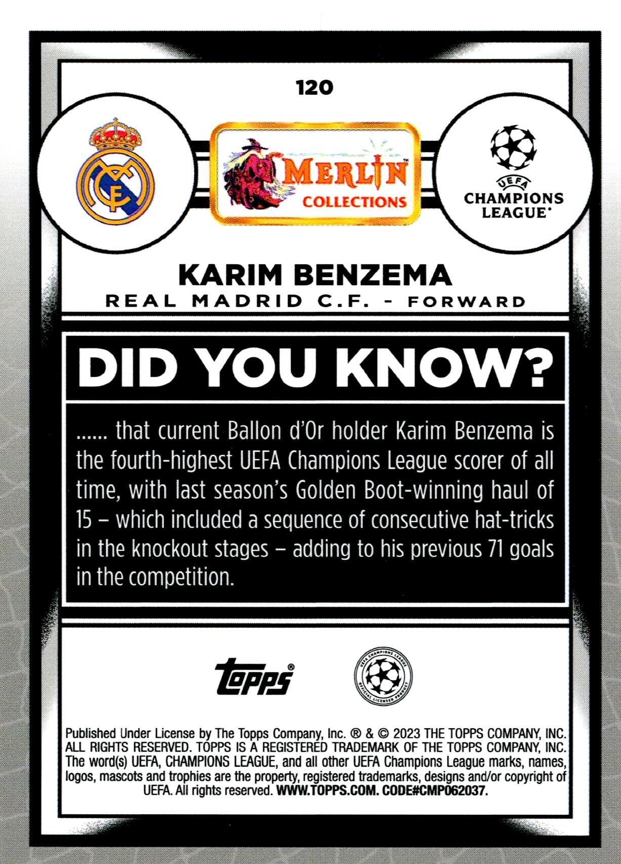 TOPPS MERLIN UCL 2022/2023 BENZEMA Nº120 AQUA