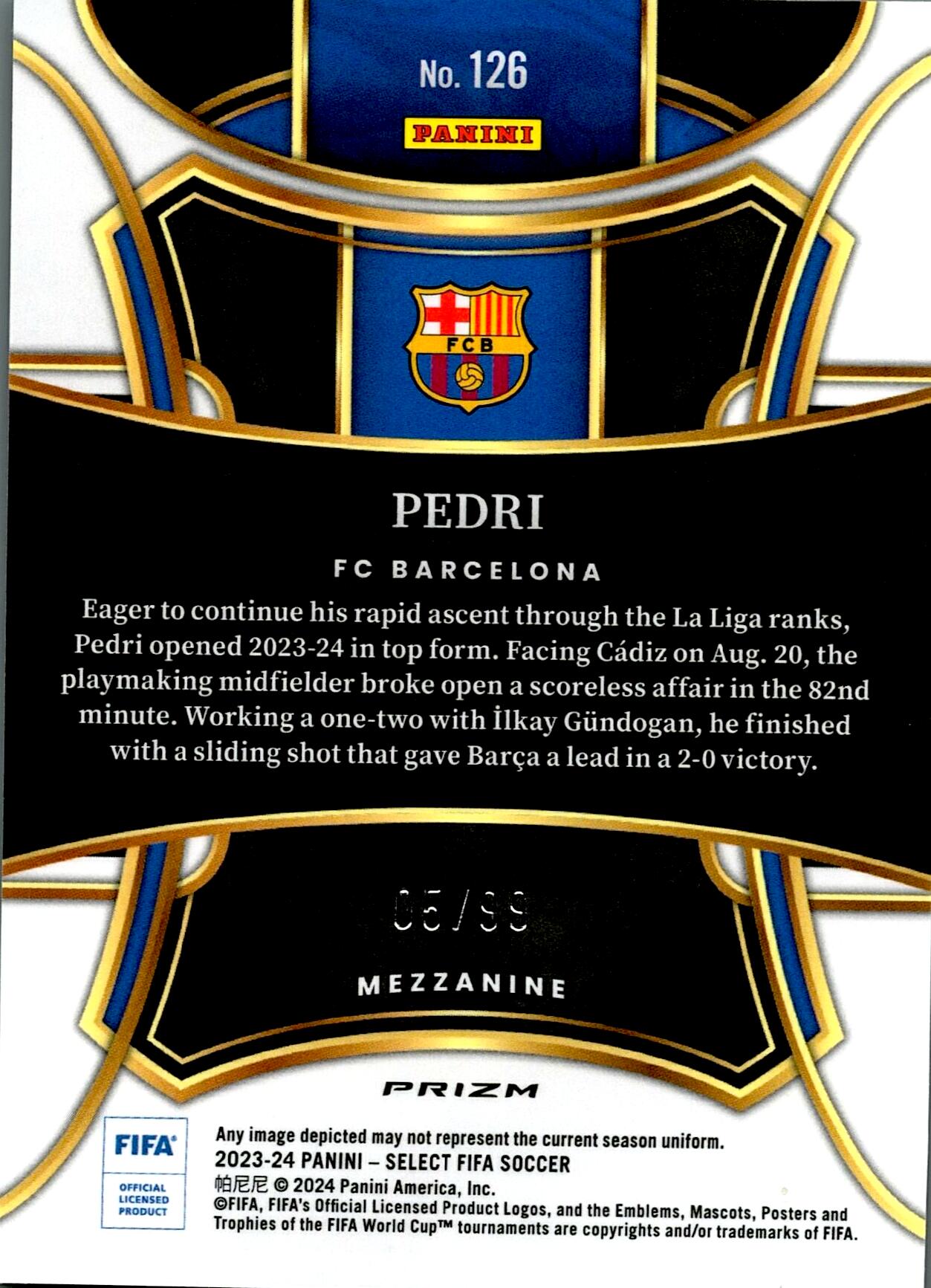 PANINI SELECT FIFA 2023/2024 PEDRI Nº126 NUMERADA /99
