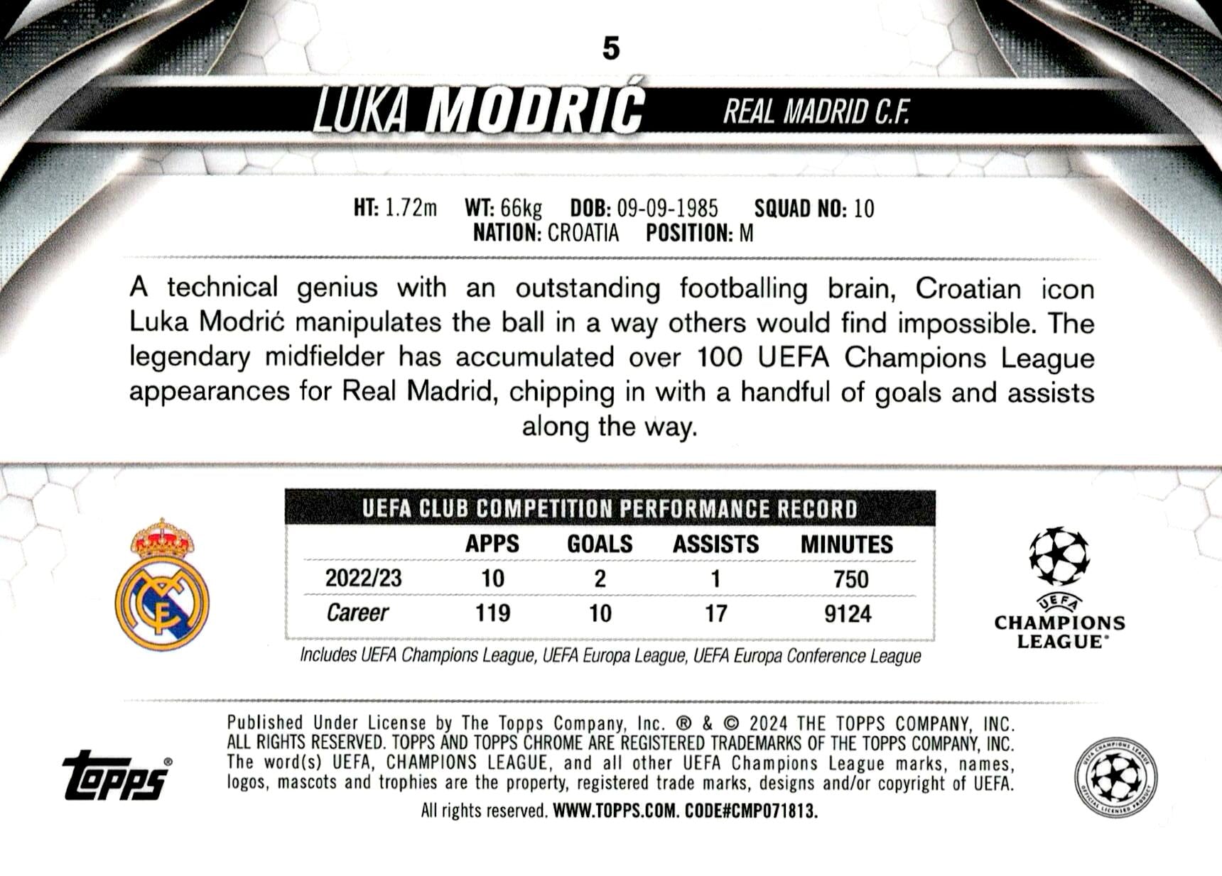 TOPPS CHROME 2023/2024 LUKA MODRIC Nº5 NUMERADA /299