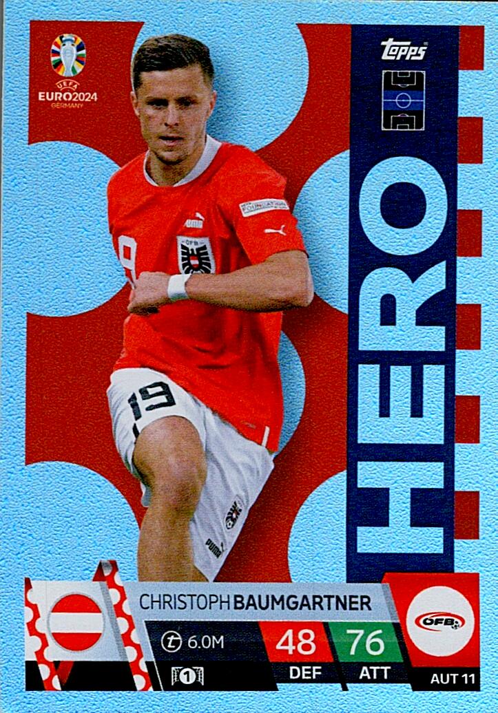 TOPPS MATCH ATTAX UEFA EURO 2024 CHRISTOPH BAUMGARTNER AUSTRIA NºAUT11 HERO