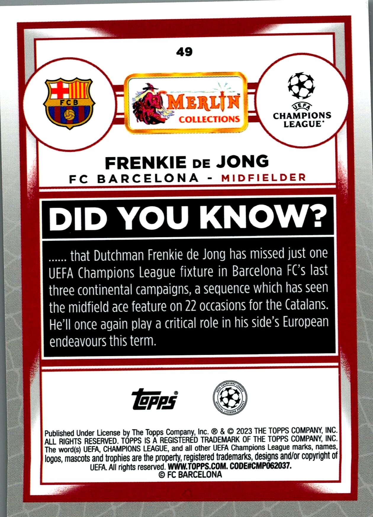 TOPPS MERLIN UCL 2022/2023 FRENKIE DE JONG Nº49