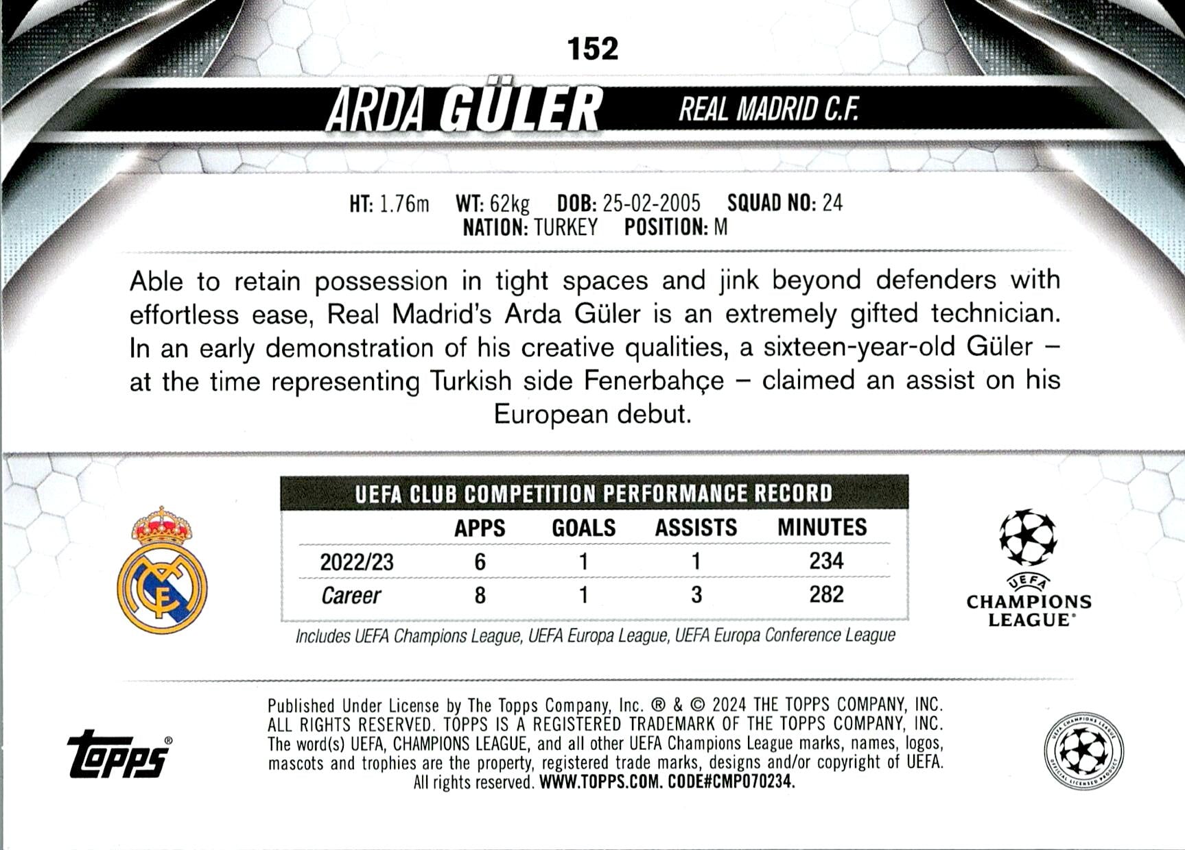TOPPS UCL 2023/2024 ARDA GÜLER Nº152