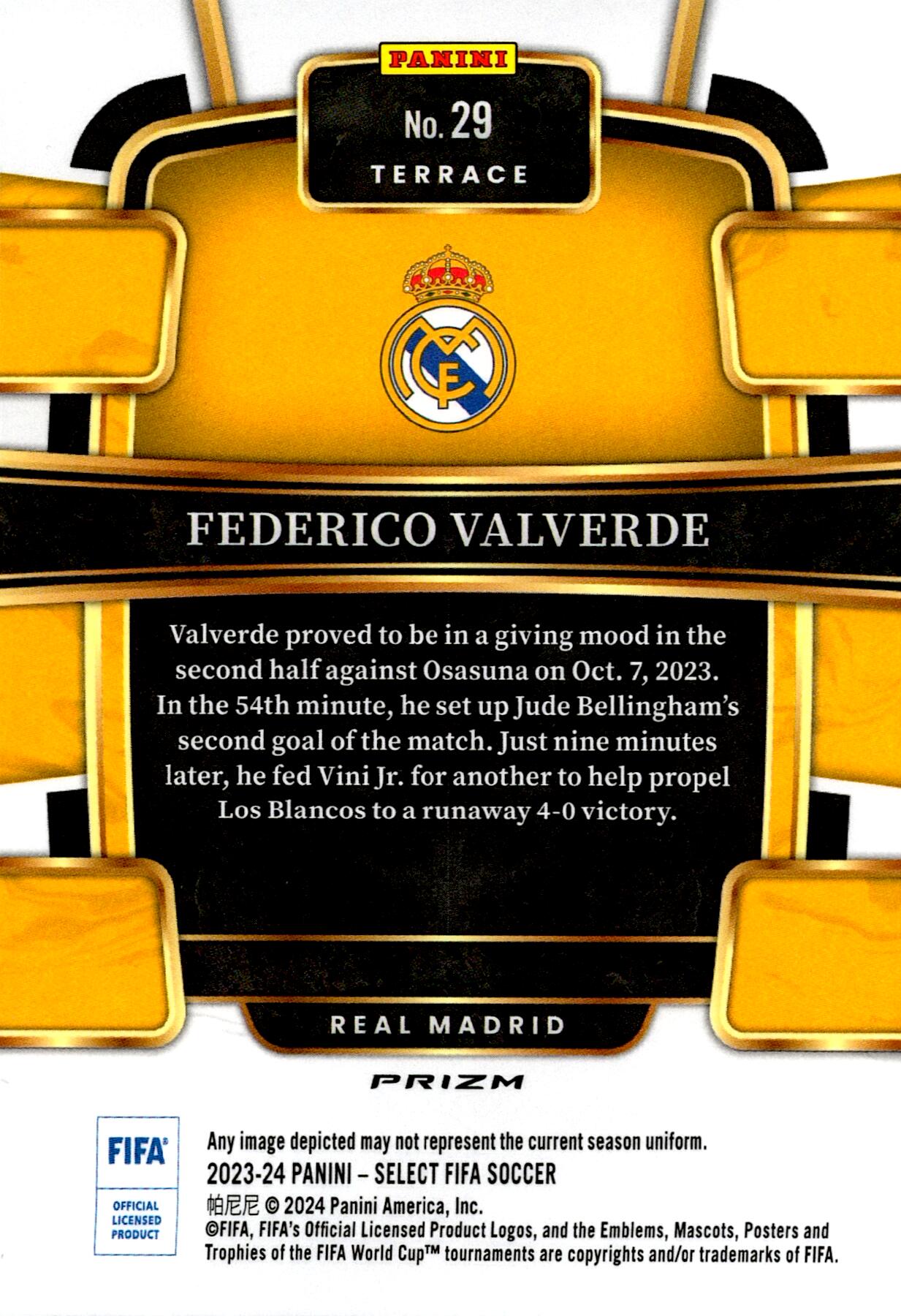 PANINI SELECT FIFA 2023/2024 FEDERICO VALVERDE MULTICOLOR Nº29