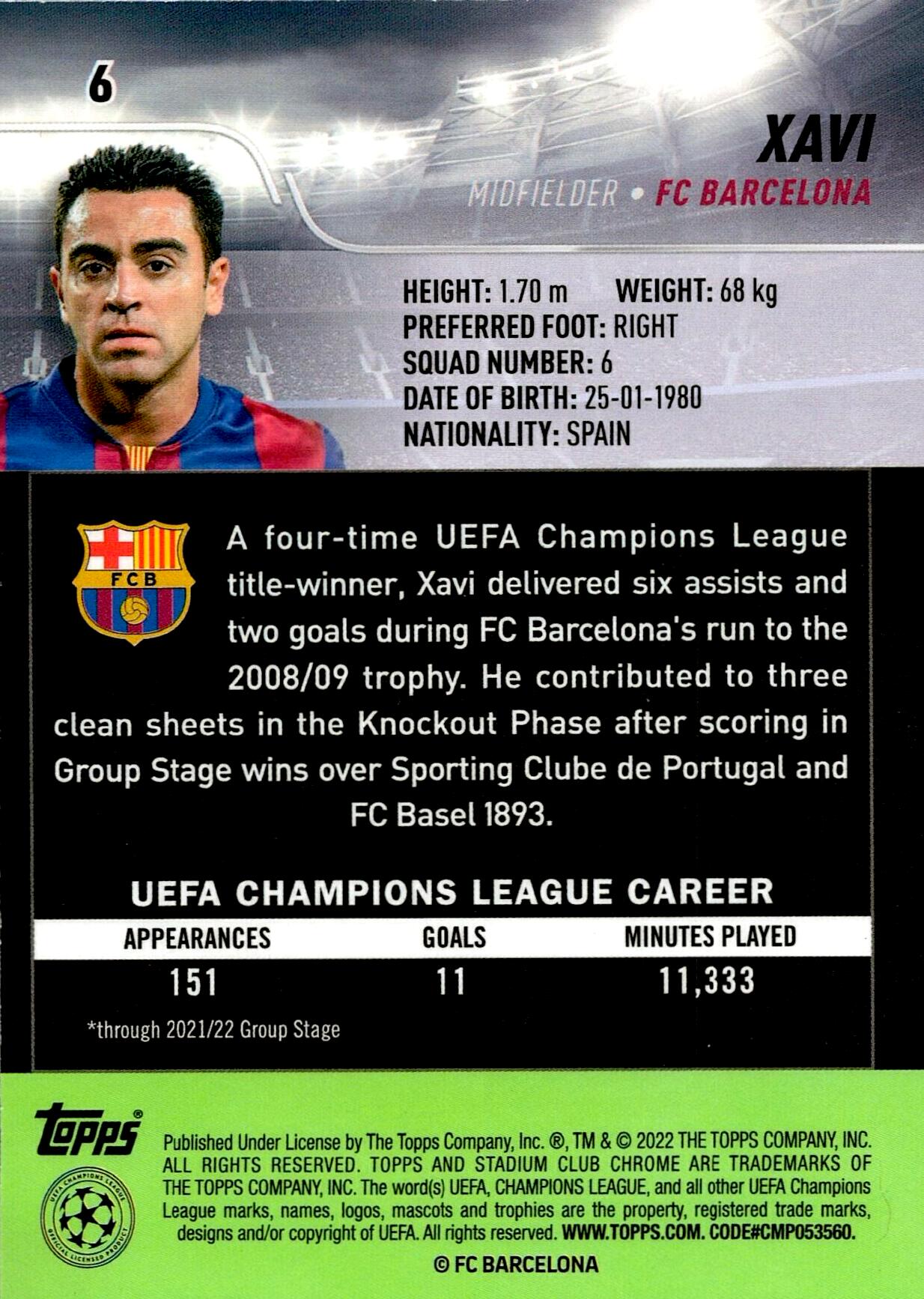 TOPPS STADIUM CHROME 2021/2022 XAVI Nº6