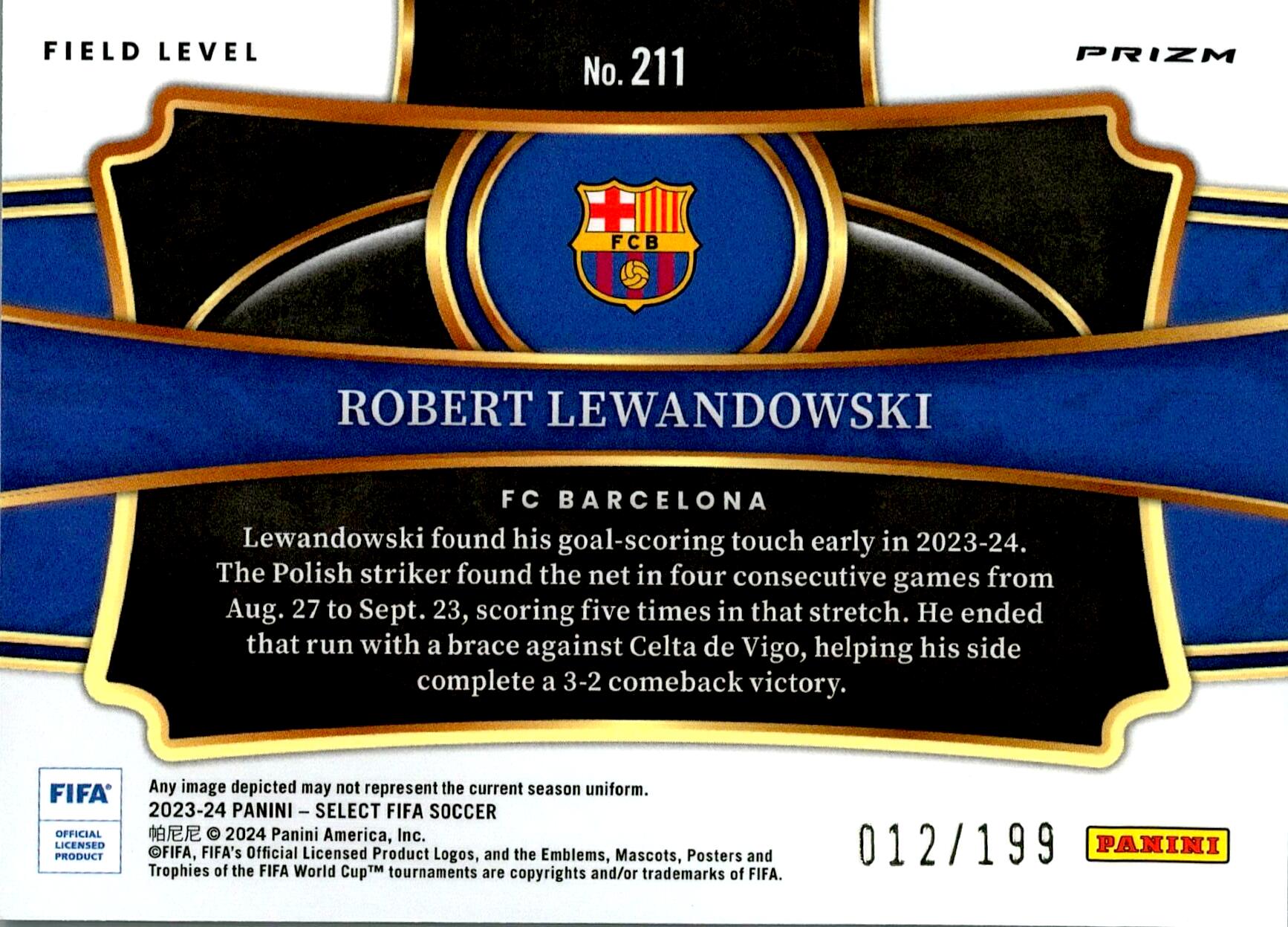 PANINI SELECT FIFA 2023/2024 LEWANDOWSKI MOJO PINK Nº211 NUMERADA /199