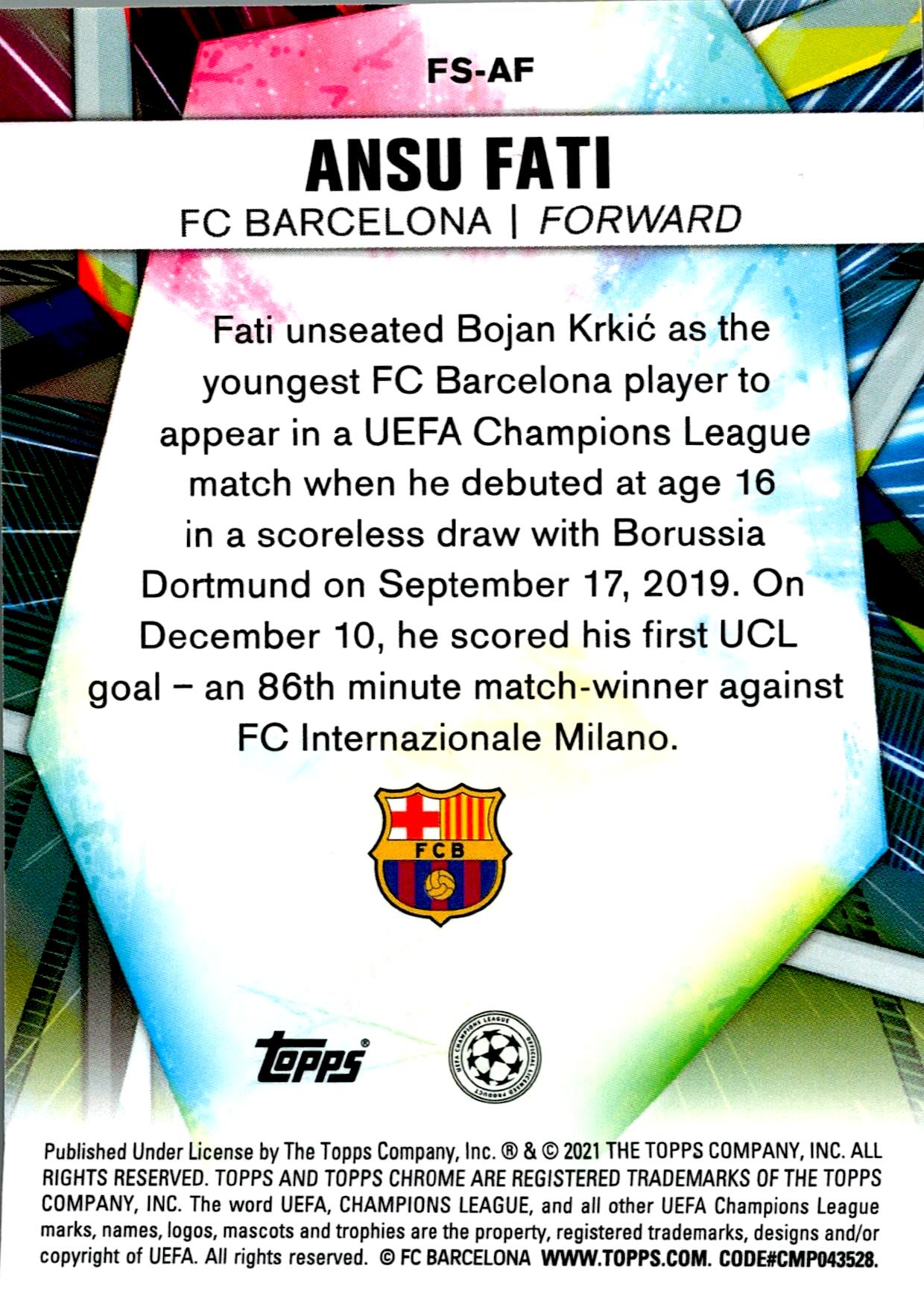 TOPPS CHROME UCL 2020/2021 ANSU FATI FUTURE STARS NºFS-AF