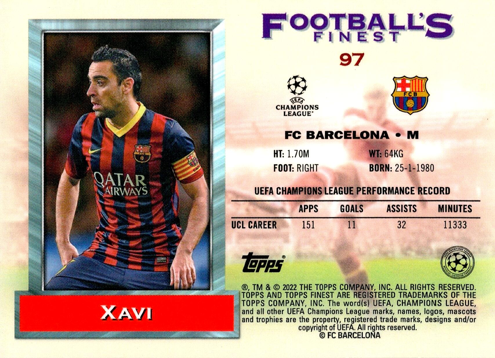 TOPPS UCL 2021/2022 XAVI FOOTBALL´S FINEST Nº97