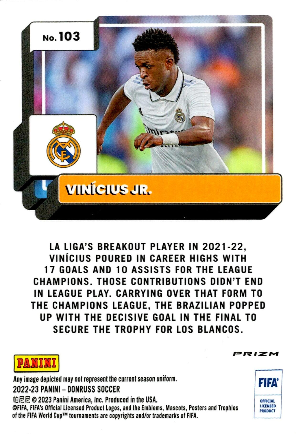 PANINI DONRUSS OPTIC FIFA 2022/2023 VINICIUS JR Nº103 REFRACTOR