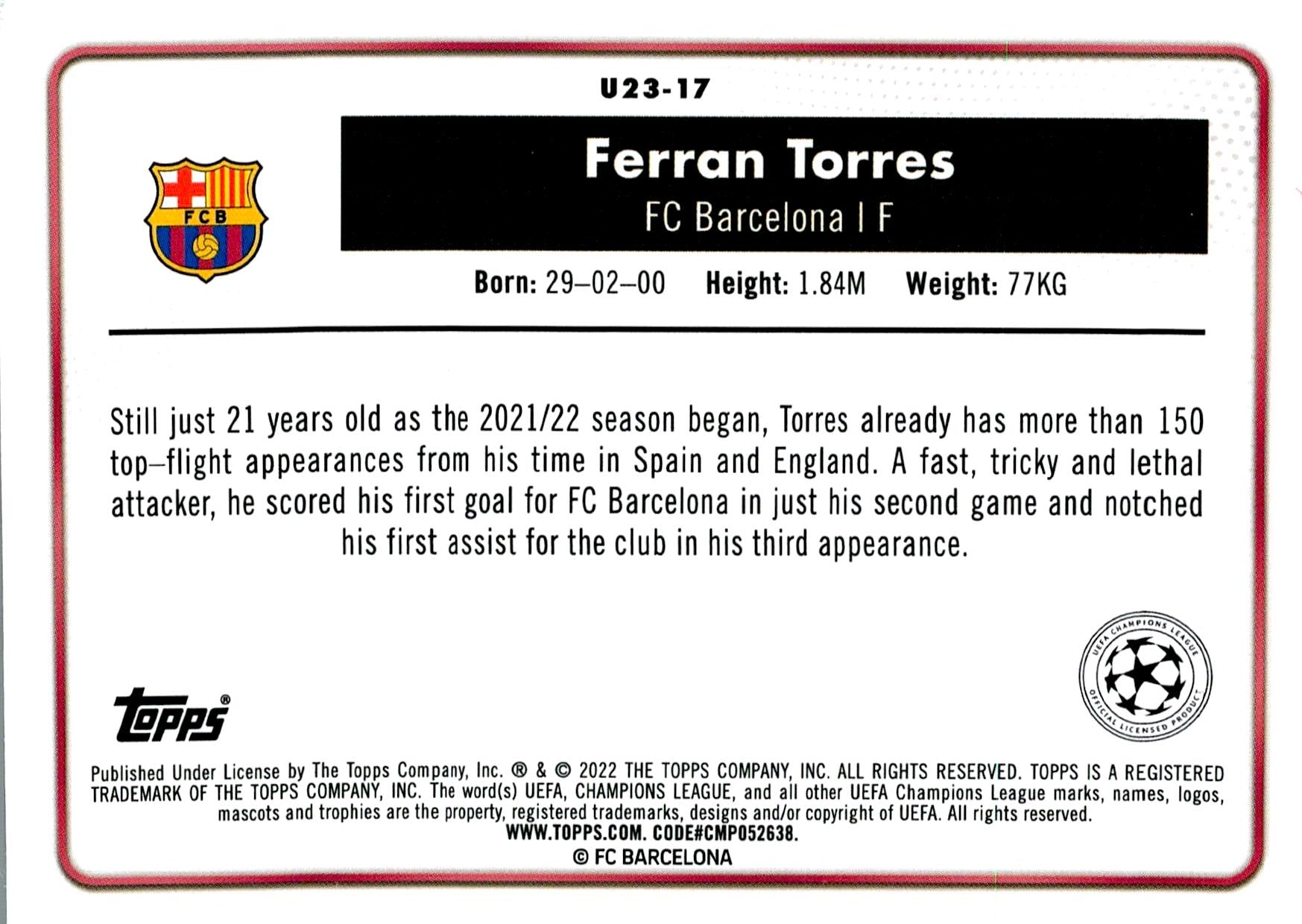 TOPPS MERLIN UCL 2021/2022 FERRÁN TORRES U23 STARS NºU23-17